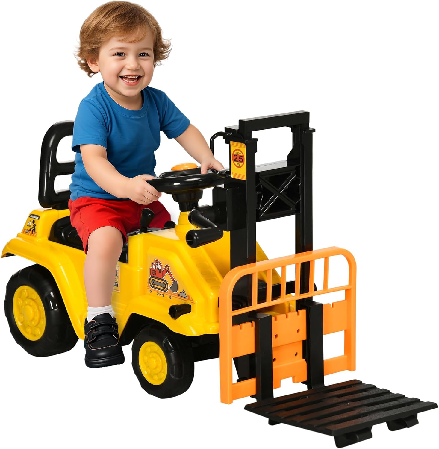 HOMCOM Kids Ride on Forklift Truck w/Fork and Tray, Ride On Tractor w/Under Seat Storage, Treaded Wheels, No Power Design, for 3-4 Years Old