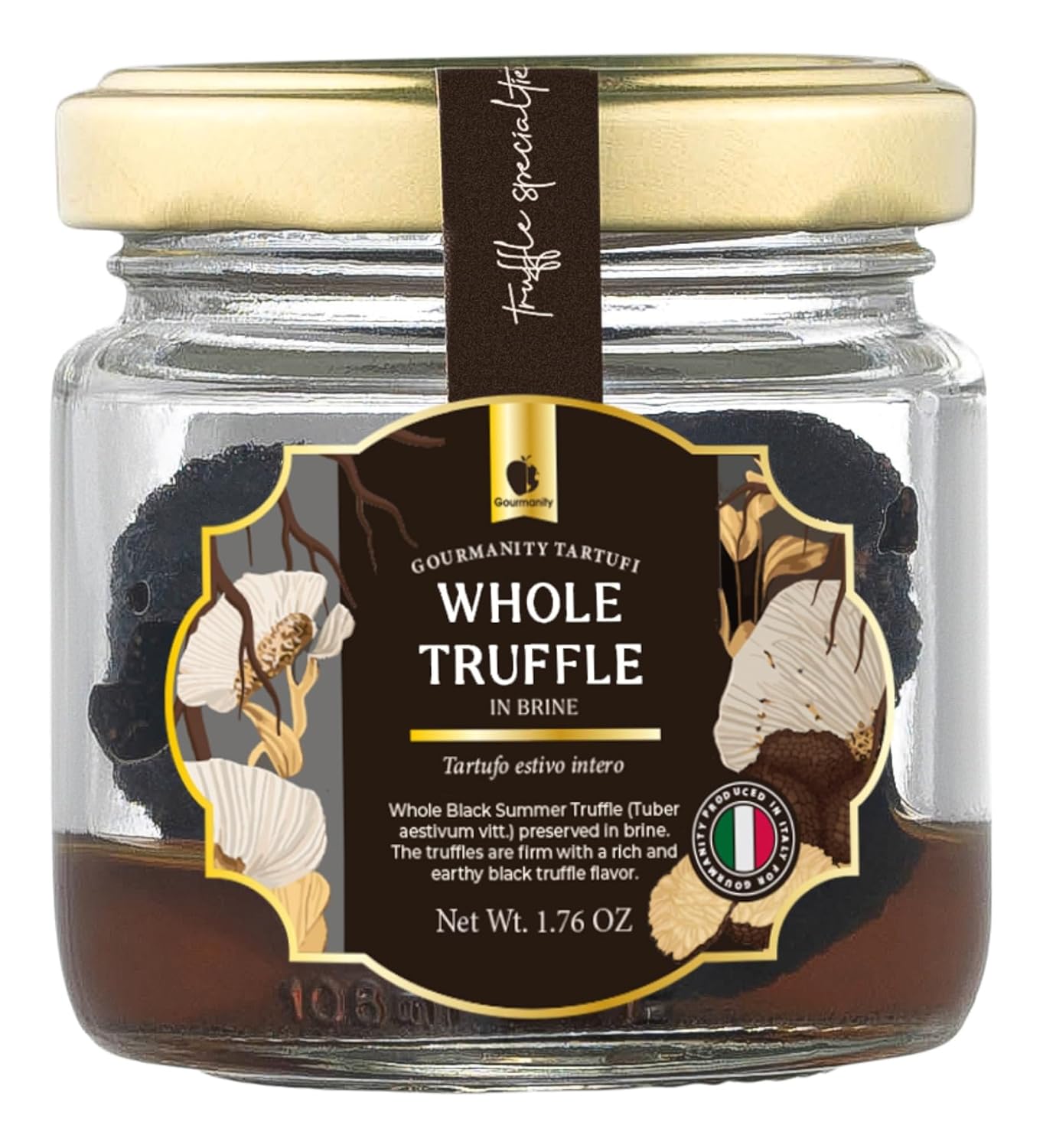 Gourmanity Tartufi Whole Black Truffles in Brine, Preserved Black Summer Truffles (Tuber aestivum Vitt.) from Italy [1.76oz Jar]