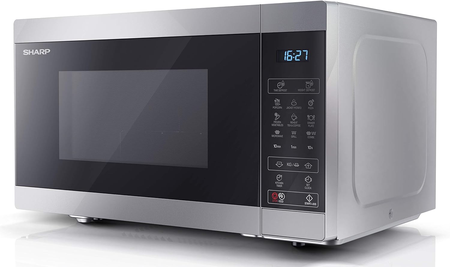 SHARP YC-MG81U-S 28 Litre 900W Digital Microwave with 1100W Grill, 11 power levels, ECO Mode, defrost function, LED cavity light - Silver