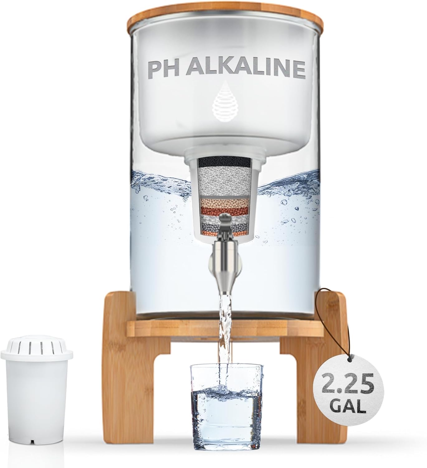 pH Recharge Glass Alkaline Countertop Water Filter Dispenser - 2.25 Gallons Jug - Removes Fluoride Chlorine & Impurities - Improves Water pH - Clean Healthy Drinking Water - 8.5 Litres