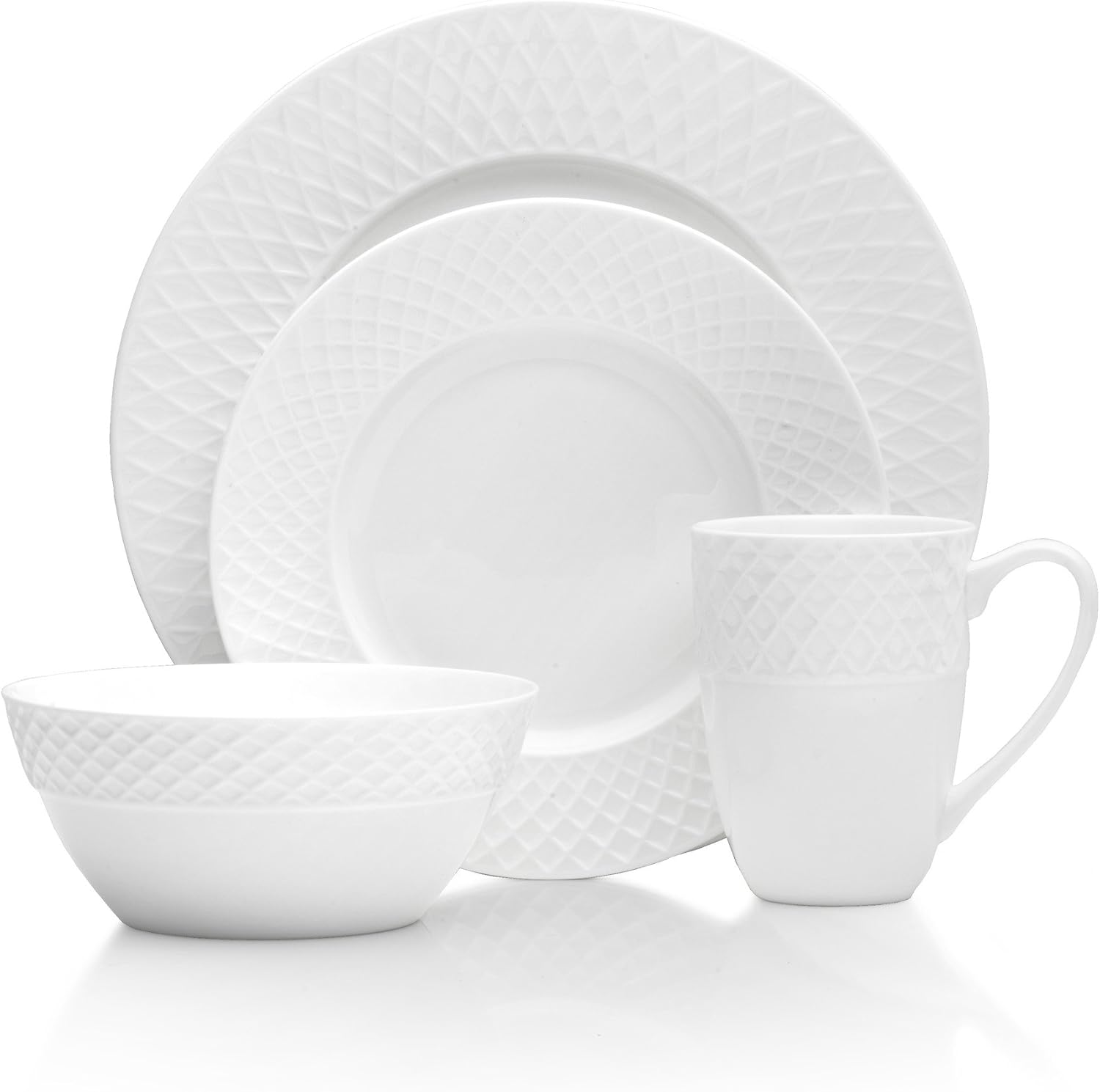 Mikasa Trellis Bone China 16 Piece Dinnerware Set, Service for 4, White