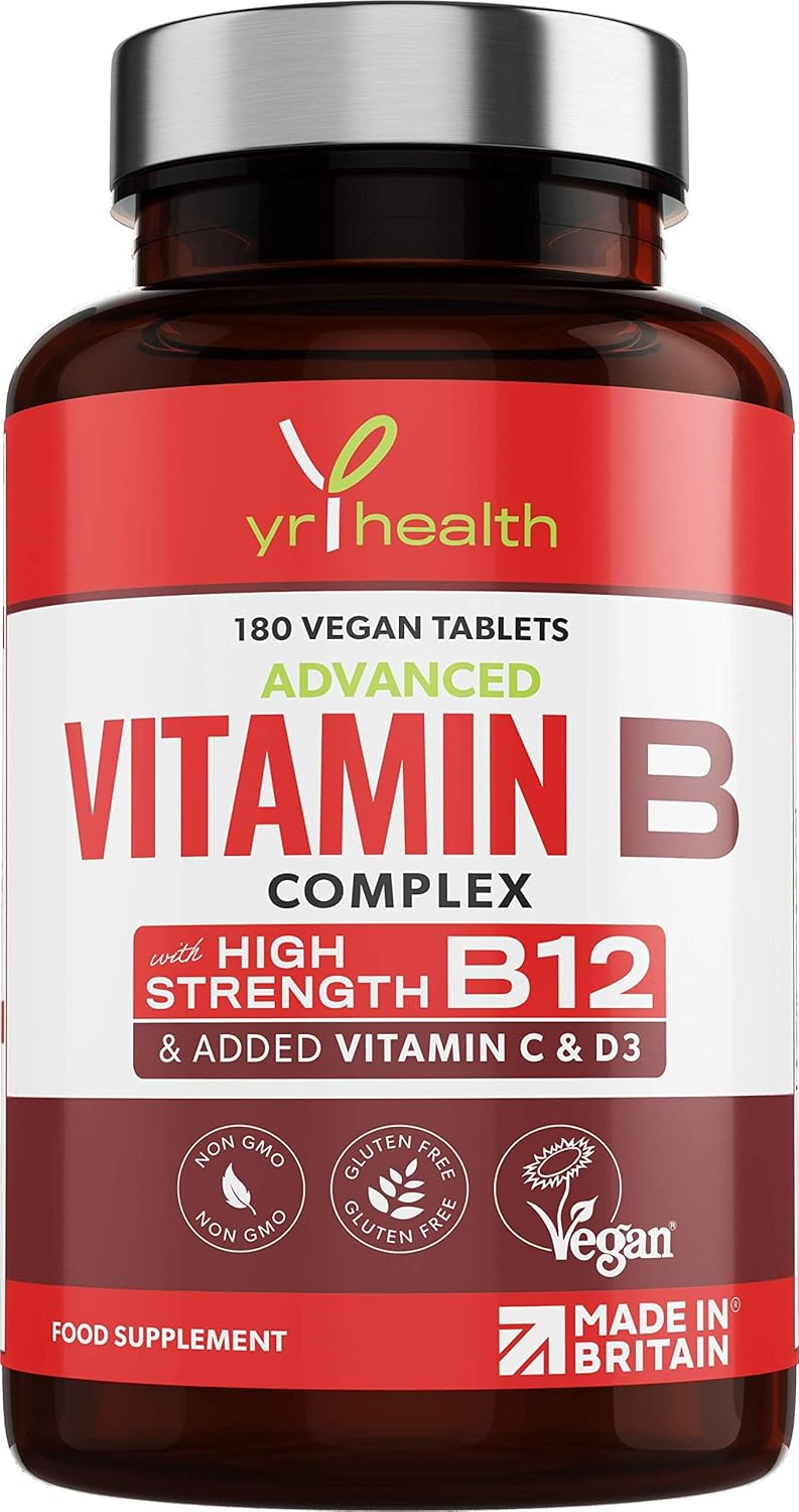Vegan Vitamin B Complex Advanced - All 8 High Strength B Vitamins & Added Vitamin C, D3 & K2 Mk7, Vitamins B1, B2, B3, B5, B6, B12, Biotin & Folic Acid - 180 Tablets - Made in The UK by YrHealth