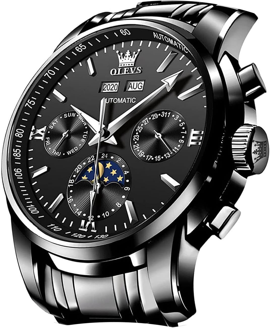 OLEVS Automatic Men Watch Self Winding Mechanical Luxury Dress Moon Phase Stainless Steel Waterproof Luminous Calendar Wrist Watch