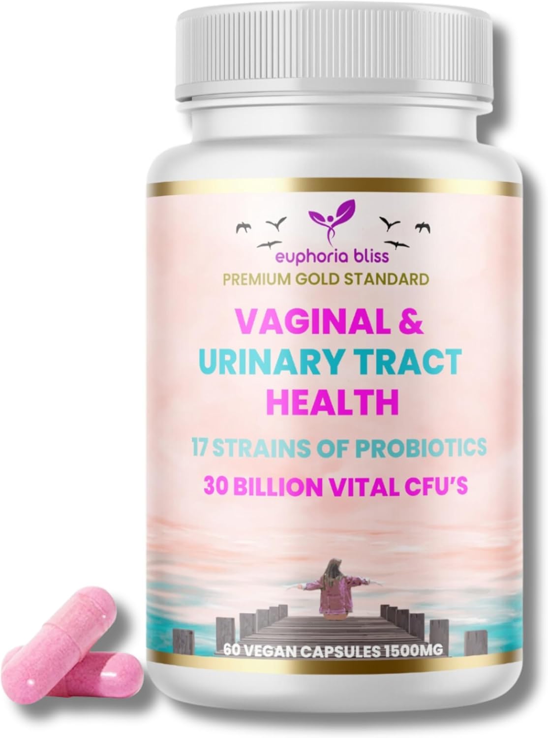 Vaginal Probiotics for Women pH Balance - Prebiotics & Probiotic Blend, Natural Vaginal Health & Urinary Tract Supplement with Cranberry, Garlic & More, Vegan, Non-GMO, Gluten-Free, 60 Caps
