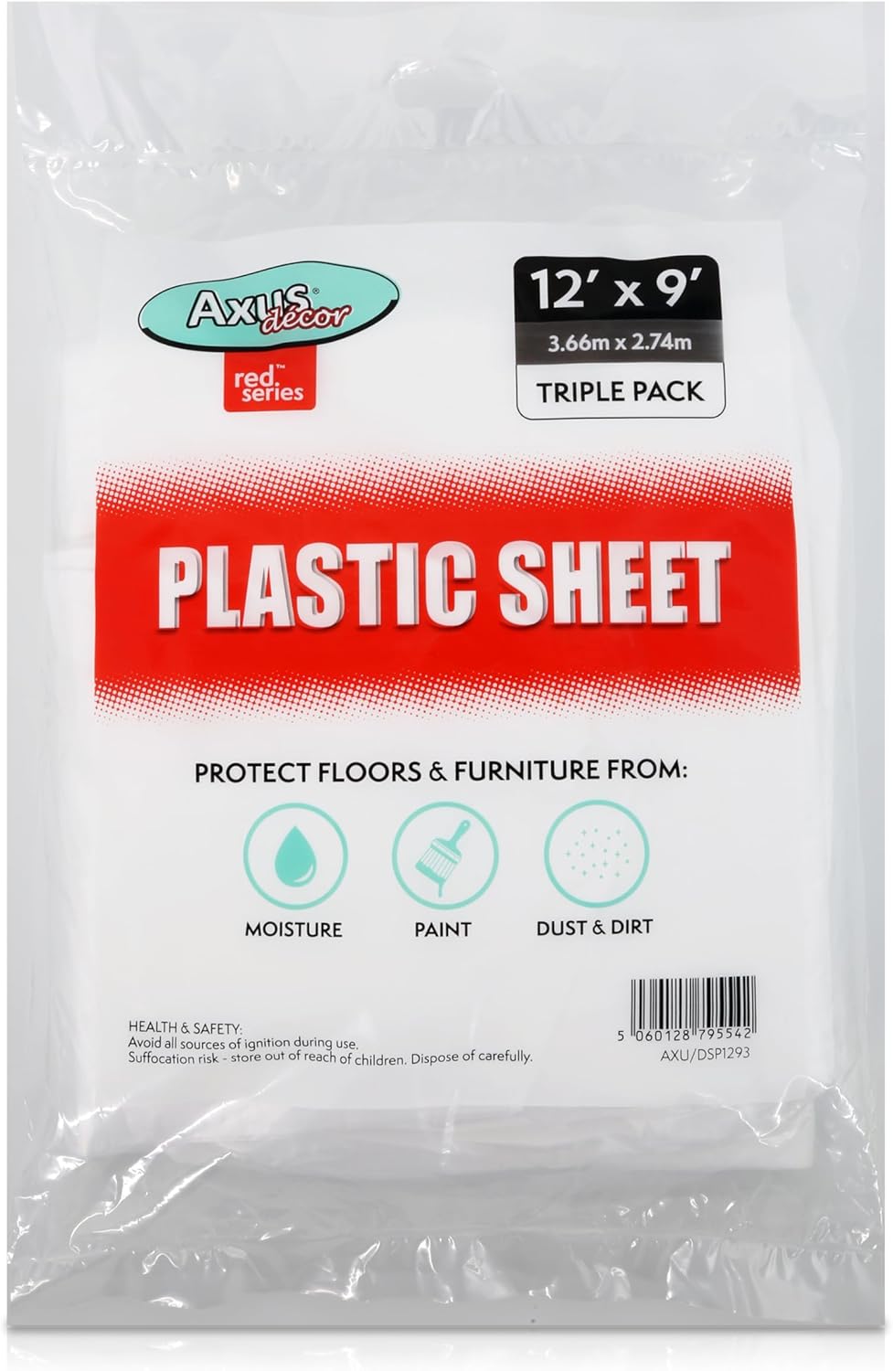 Axus Decor Plastic Dust Sheets for Decorating, Covering Furniture, & Floors - 12' x 9' (3.67m x 2.76m) Pack of 3