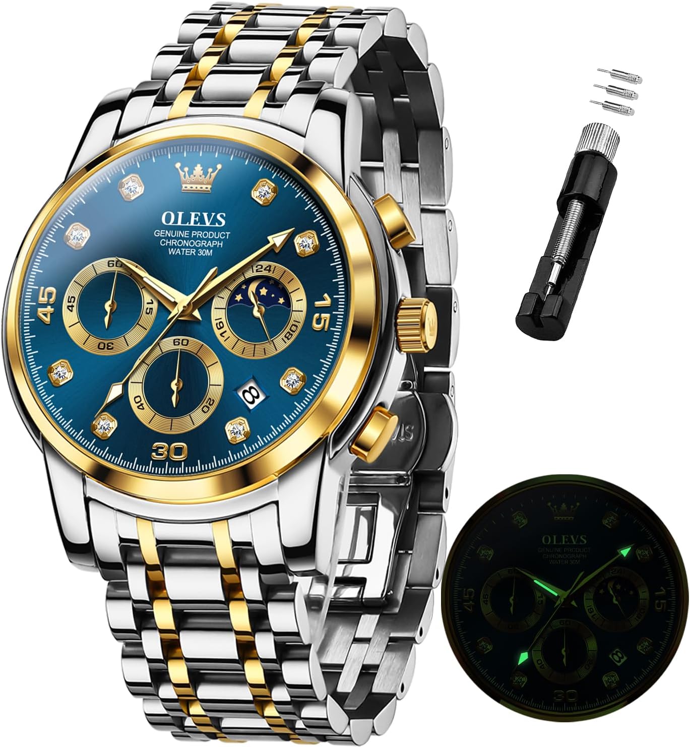 OLEVS Watches for Men Diamond Luxury Dress Chronograph Quartz Watch Business Casual Date Moon Phase Men's Watch Waterproof Luminous Stainless Steel Male Watch