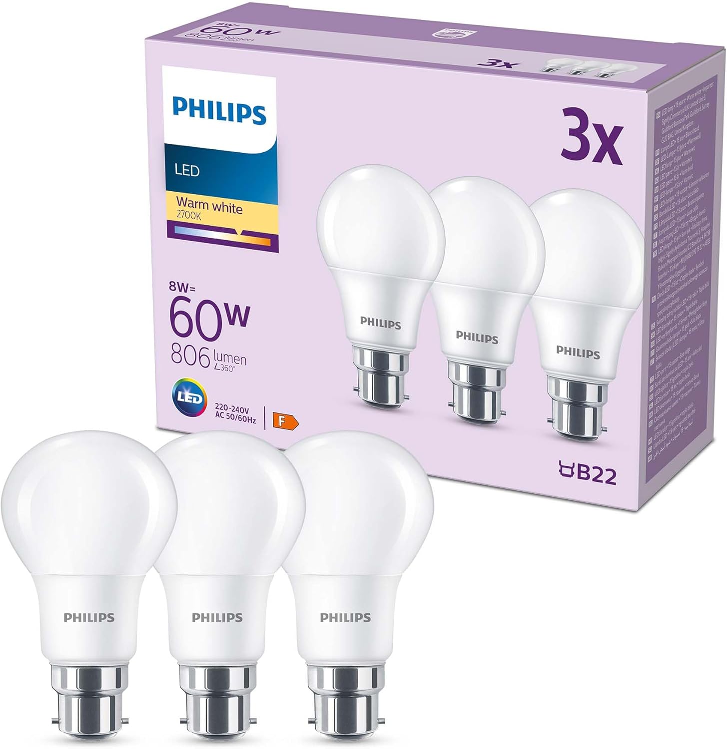 Philips LED Frosted A60 Light Bulb 3 Pack (Warm White 2700K - B22 Bayonet Cap) 60W, Non Dimmable for Home Indoor Lighting