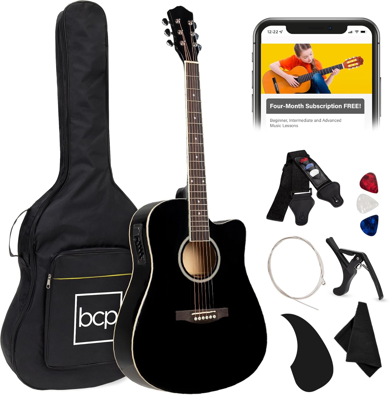 Best Choice Products Beginner Acoustic Electric Guitar Starter Set 41in w/All Wood Cutaway Design, Carrying Case, Strap, Picks, Cable - Black