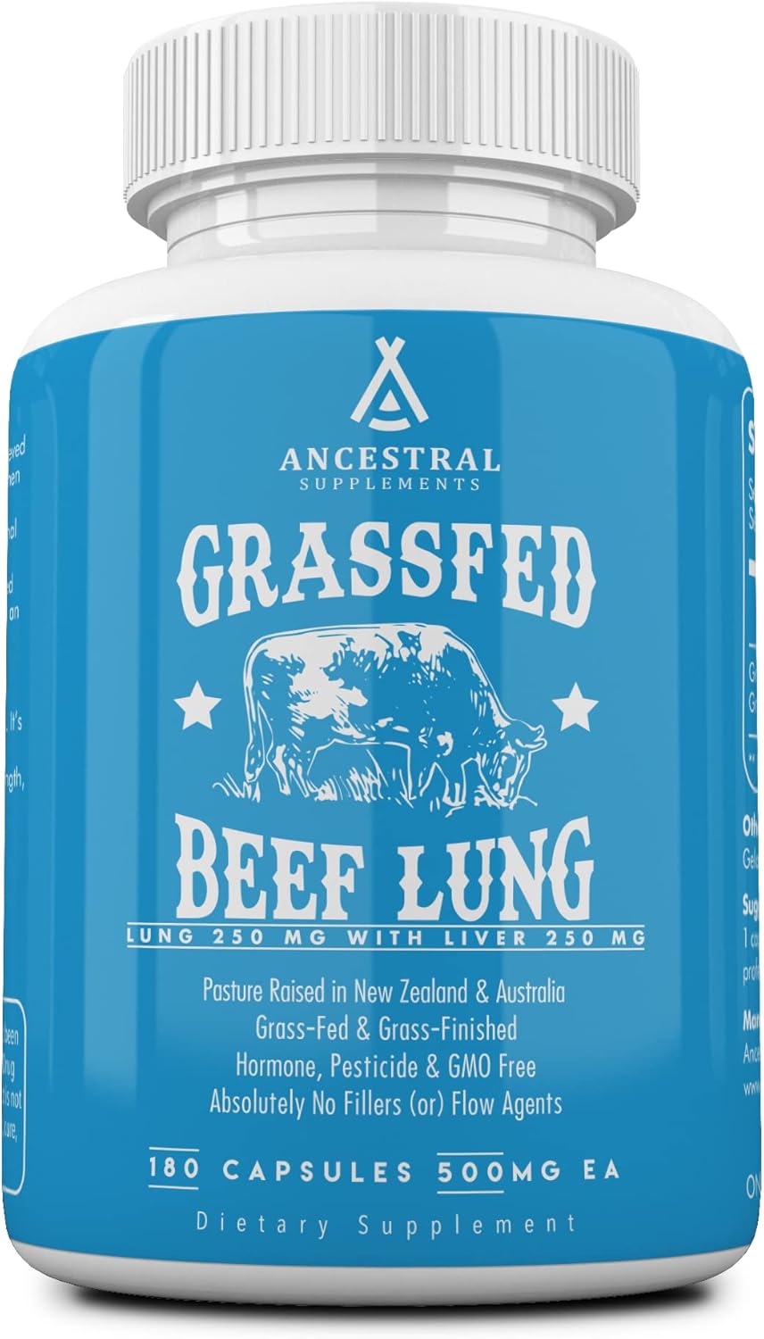 Ancestral Supplements Grass Fed Beef Lung Supplement with Liver, 500mg, Lung and Liver Supplement Supports Lung, Respiratory, Vascular, and Circulatory Health, Non-GMO, 180 Capsules