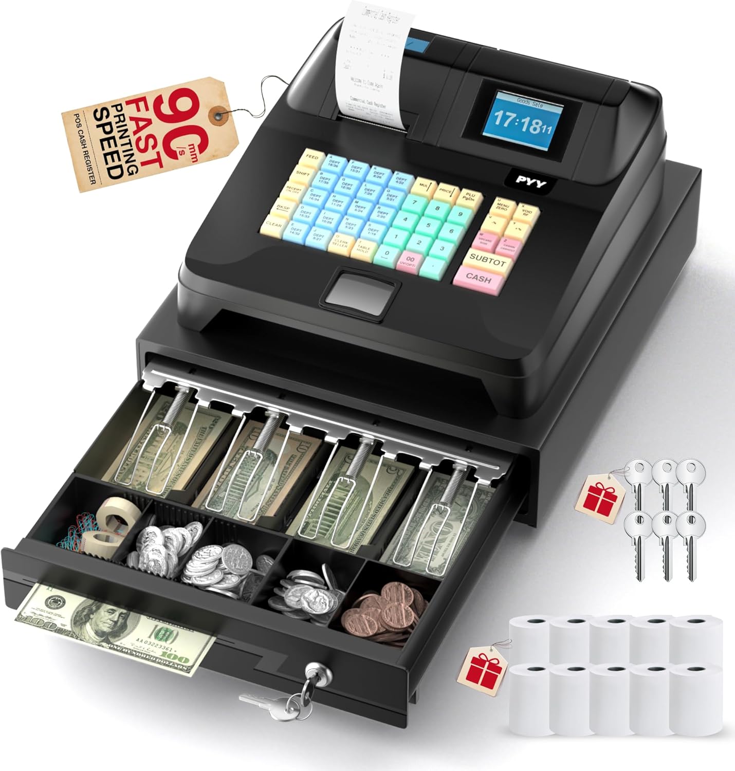 PYY Cash Register for Small Businesses - Electronic Commercial Caja Registradora para Negocio with Lock Cash Drawer Box, 8 Digital Dual Display, 48 Keys, Restaurant Supermarket Pos Retail System