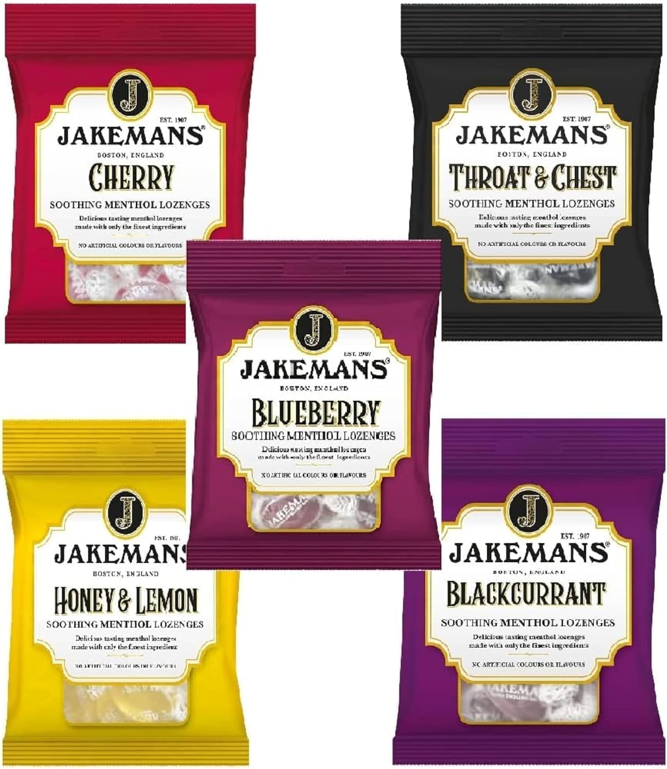 Jakemans Menthol Cough Drops Assorted Flavours Pack of 5 | Soothing Herbal Lozenges for Cough Relief, Dry Throat, Sore Throat, Congestion & Voice Care | Natural Vapour Action Hard Candy