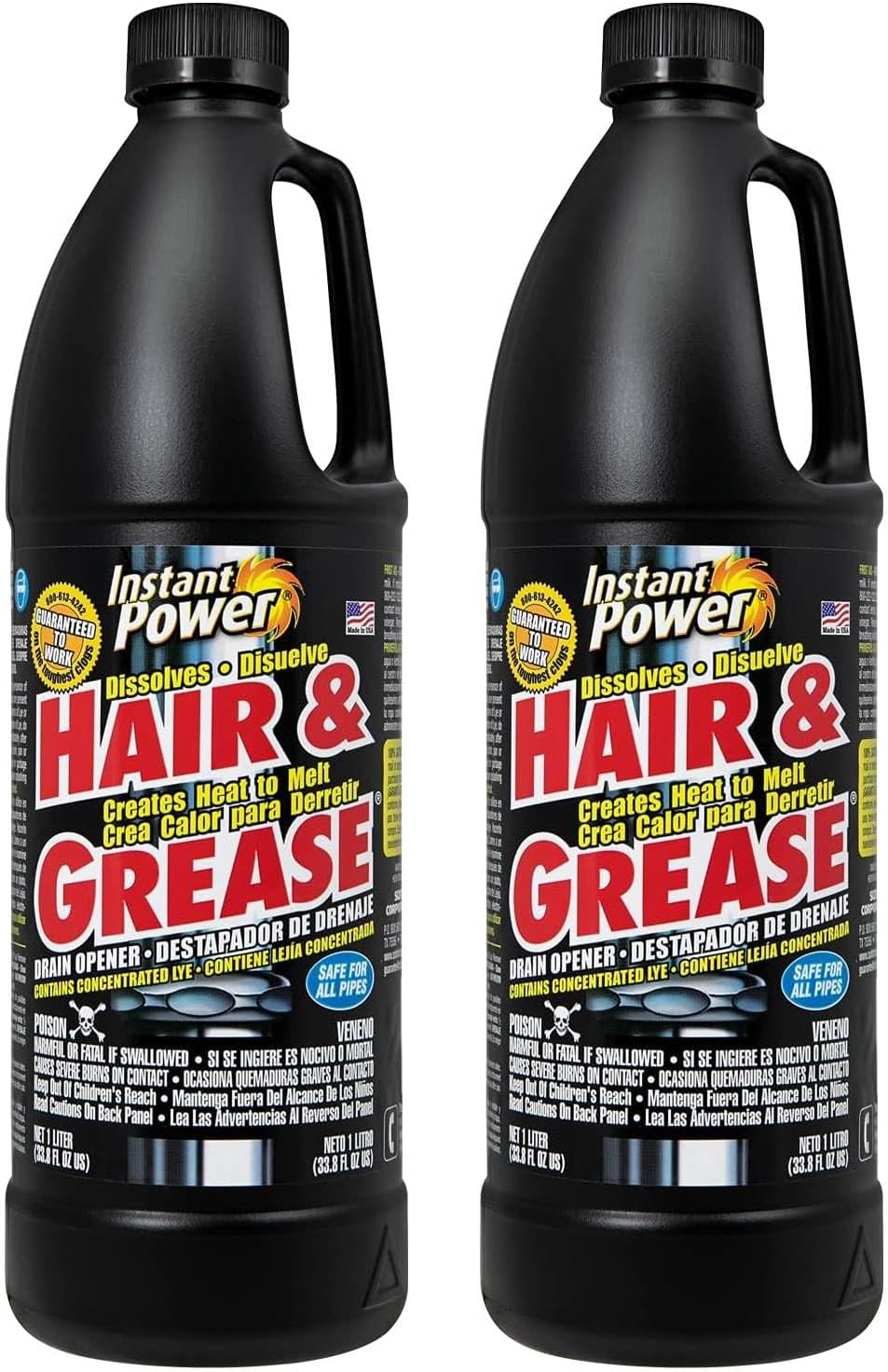 Instant Power Hair and Grease Drain Cleaner - Shower Drain & Sink Cleaner, Liquid Clog Remover, Made in USA, Sink Deodorizer - 1 Liter (Pack of 2)