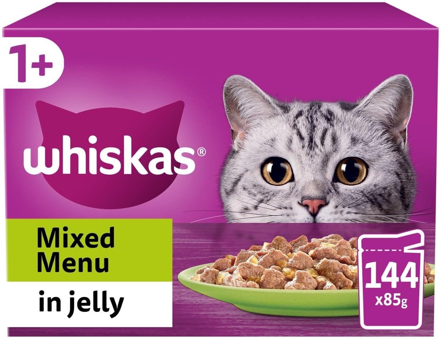 Whiskas 1+ Mixed Menu in Jelly, 144 x 85g Pouches, Adult Wet Cat Food