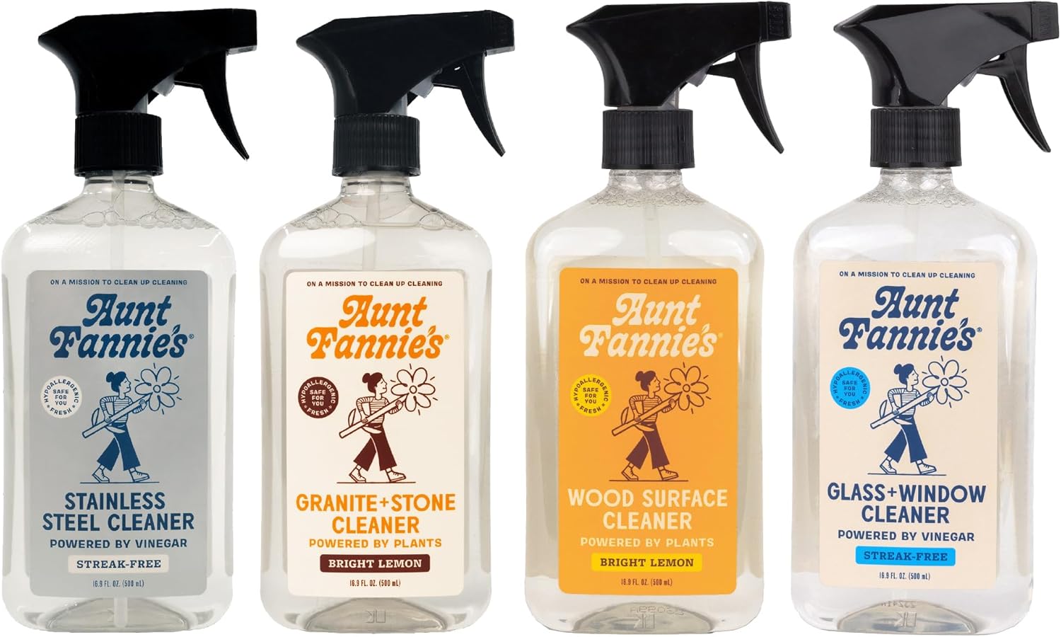 Aunt Fannie's Cleaning Spray Variety Pack, Includes Stainless Steel Spray, Granite & Stone Spray, Glass & Window Spray, and Wood Spray, 16.9 oz each, Pack of 4