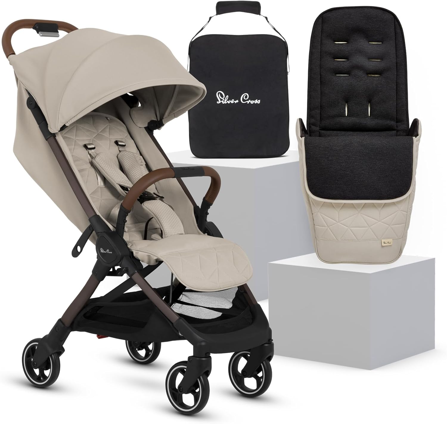 Silver Cross - Clic 2 Compact Stroller, Travel Bag & Footmuff - Travel Stroller for Life On The Go - Foldable & Lightweight - Suitable from Birth to 4 Years - Latte