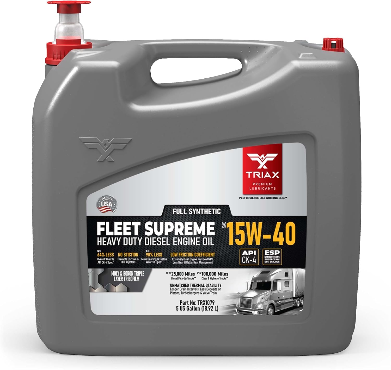 Triax Fleet Supreme 15W-40 API CK-4 Full Synthetic Heavy Duty Diesel Engine Oil | Moly Boron Friction Modified | Extended Drain (5 Gallon)