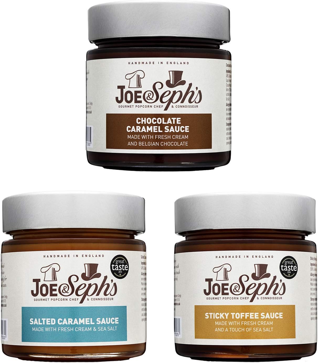 Joe & Seph's Caramel Dessert Sauce Discovery Selection Set - 3 x Jars | Handmade in the UK | Gluten Free | Suitable for Vegetarians | Home Baking | Ice-cream Toppings | Spread | Cakes - 690g