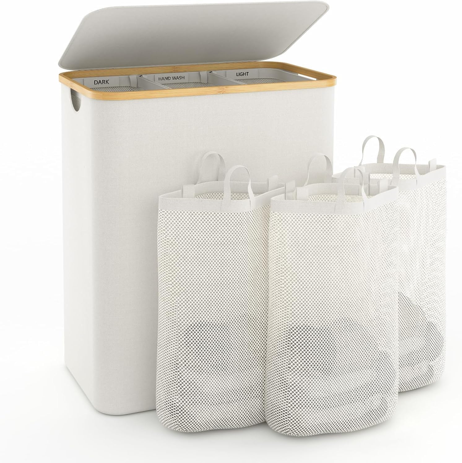 Laundry Hamper with Lid, 160L Extra Large Laundry Basket 3 Section Dirty Clothes Hamper for Laundry with Removable Laundry Bags, Hampers for Bedroom, Laundry Room, Beige
