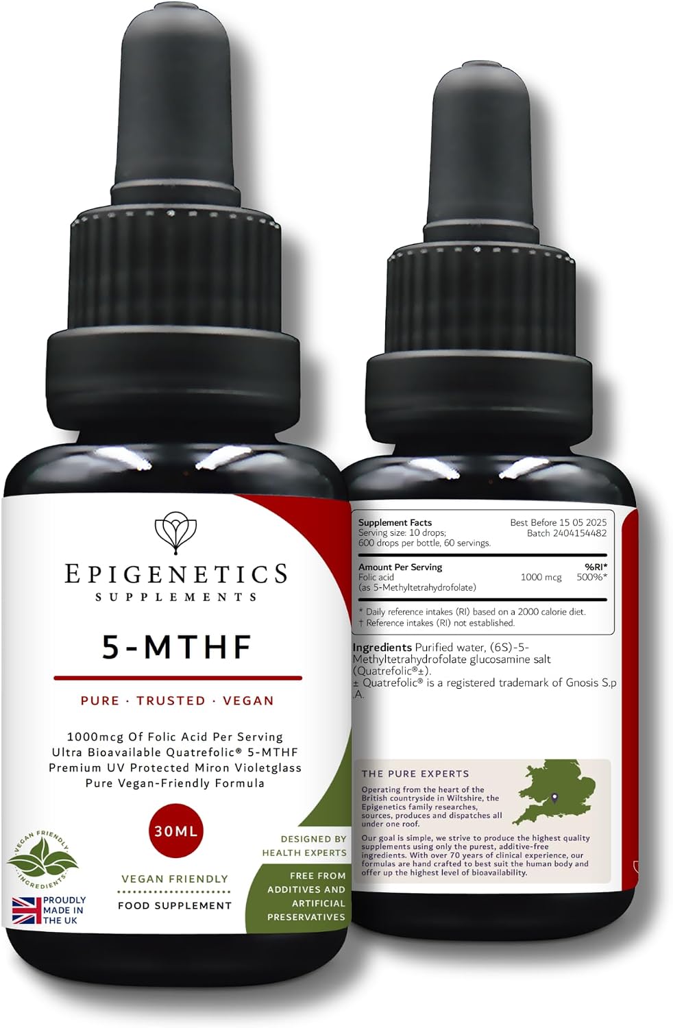 5-MTHF 30ml | High Strength Folic Acid as 5-Methyltetrahydrofolate Vitamin B9 Liquid Drops 1000mcg | Folate Made in UK & Vegan Friendly | 2 Months Supply (30ml)