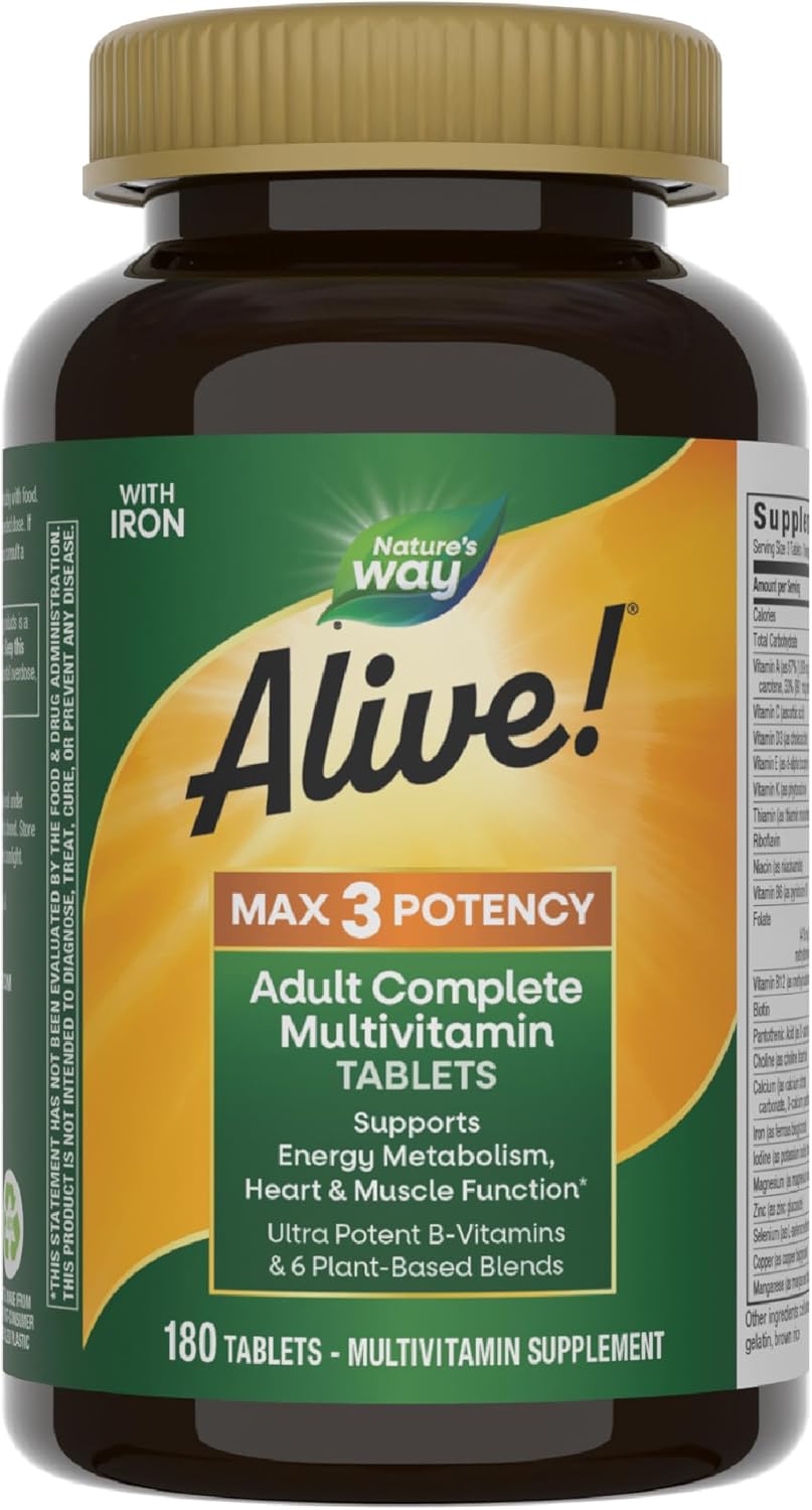 Nature's Way Alive! Max3 Potency Daily Multivitamin, Methylated B12 and Folate, Ultra Potency B-vitamins to Support Energy Metabolism*, 180 Tablets