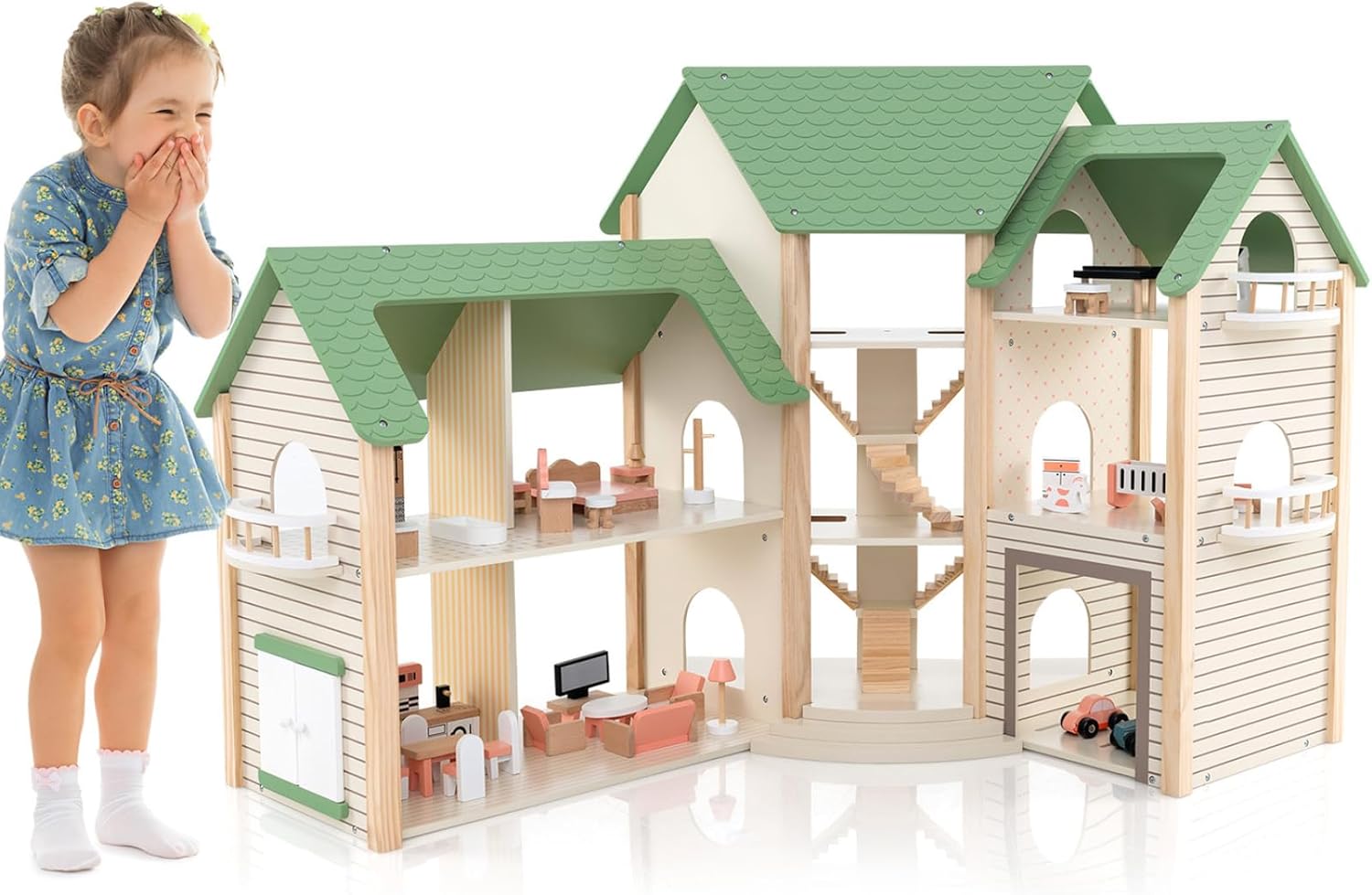 GYMAX Kids Dollhouse, 3-Storey Wooden Dolls House with 6 Simulated Rooms, Garage, Stairs, Balcony & 36pcs Furniture Accessories, Large Doll House for 3 Years Old+ Girls Boys