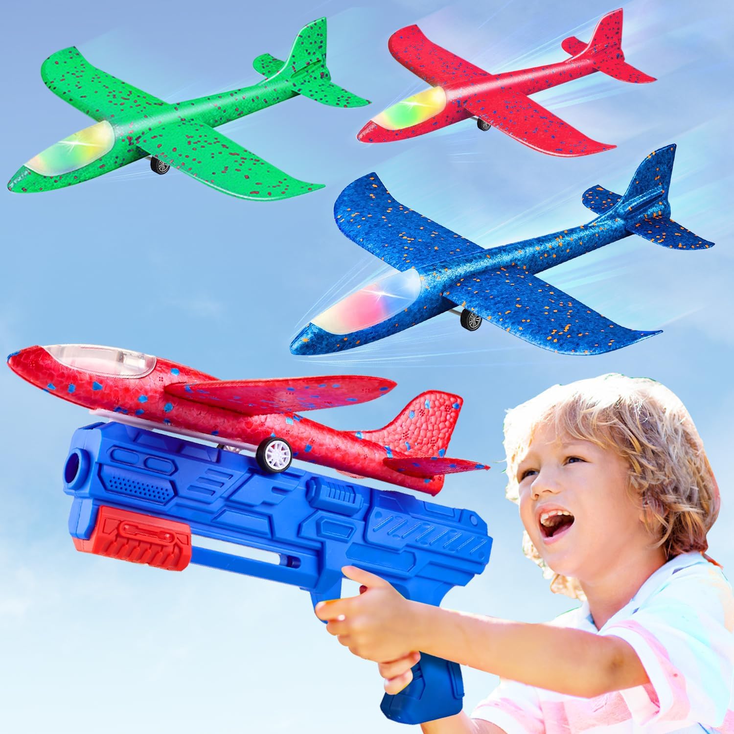 Neoot Toy Airplane, 3 Pack Airplane Launcher Toy 2 Flight Mode Glider Plane Outdoor Toys for Kids Ages 3 4 5 6 7 8 9 10 11 12 Year Old Boys & Girls Birthday Gift, Educational Flying Kids Toys