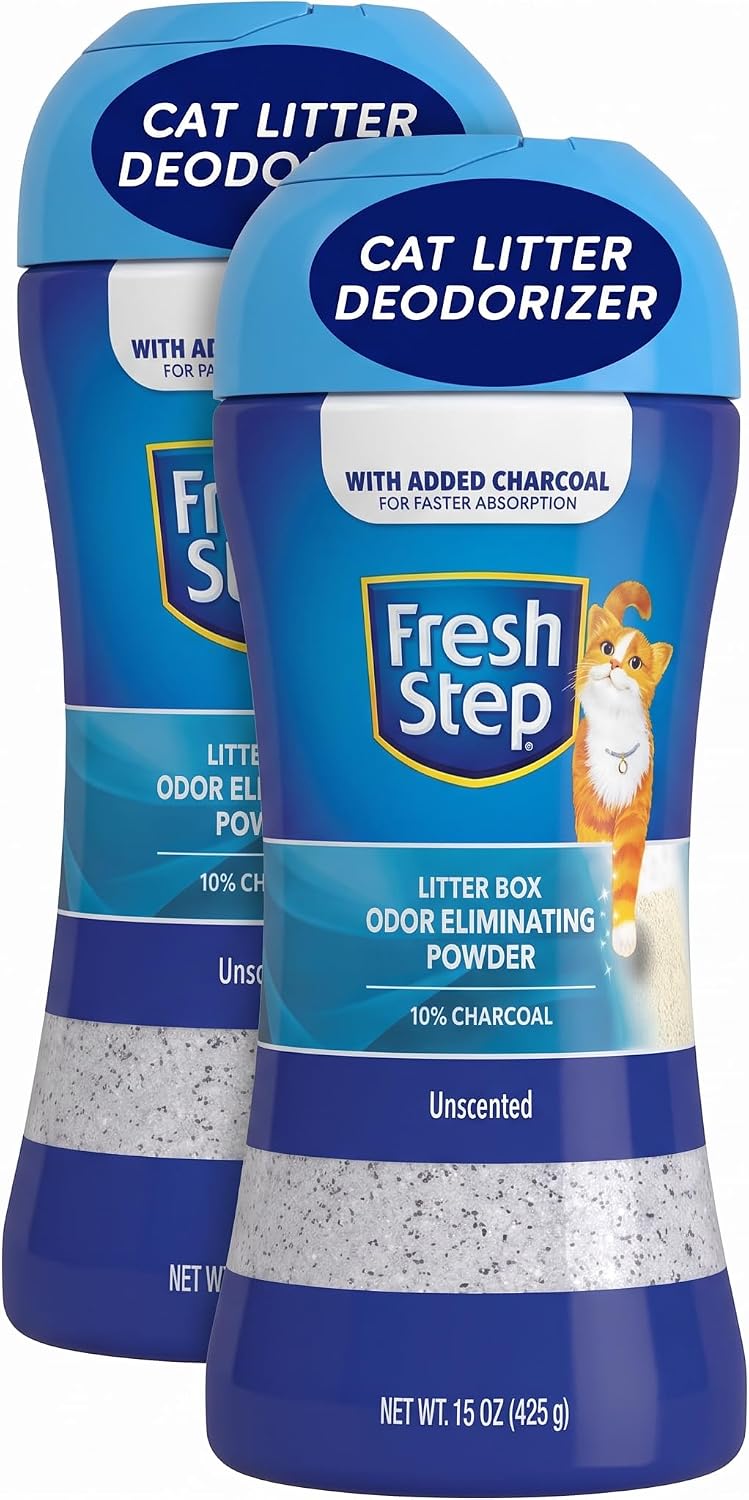 Fresh Step Odor Eliminator Powder, Unscented | Charcoal Formula | 15 Ounces | Sifting Pour Cap | For Litter Boxes