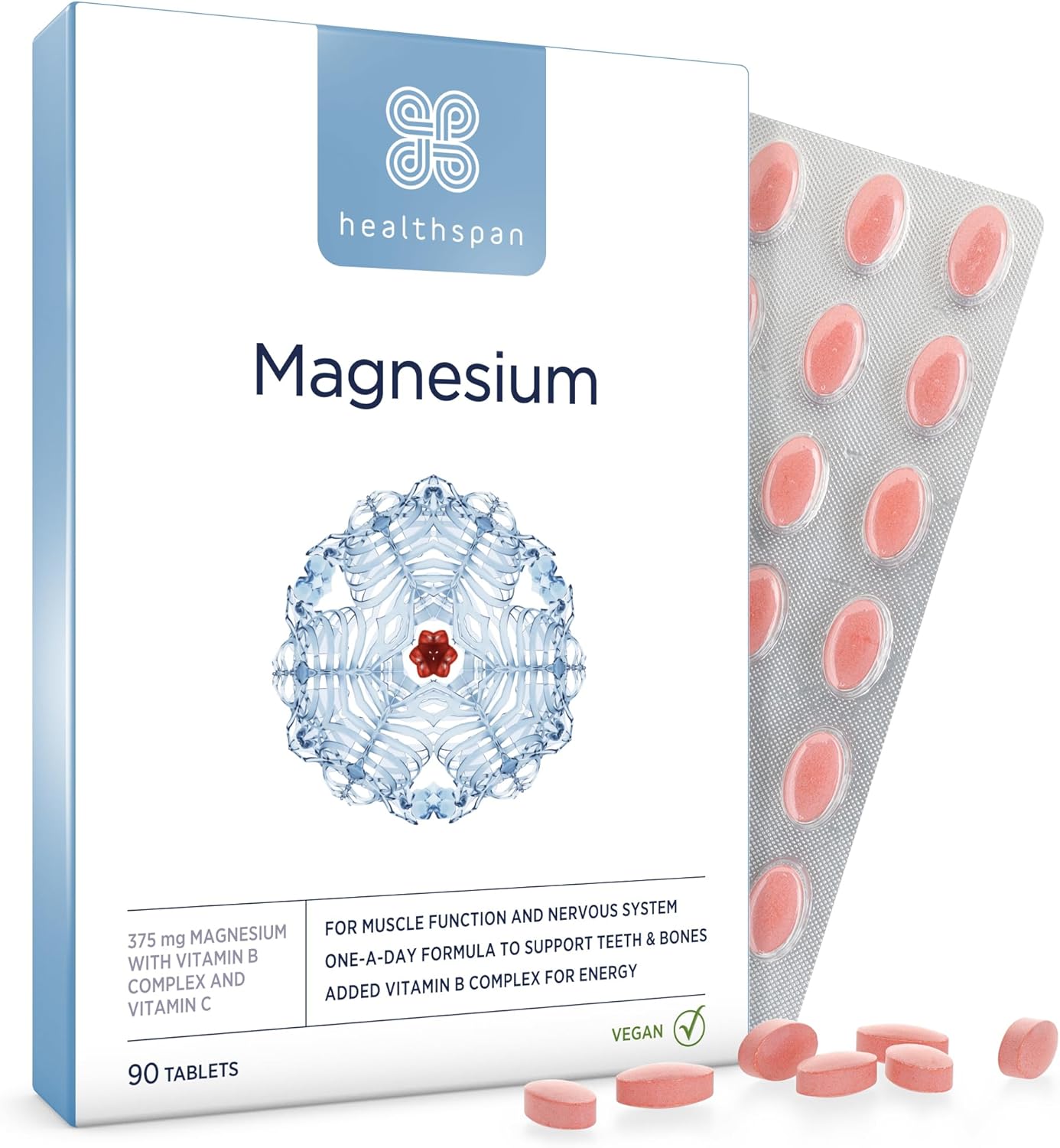 Healthspan Magnesium 375mg | Everyday Support for Muscles & Nervous System | Added B Vitamins Complex | Added Benefits for Your Bones, Teeth & Energy Levels | Vegan (90 Tablets)