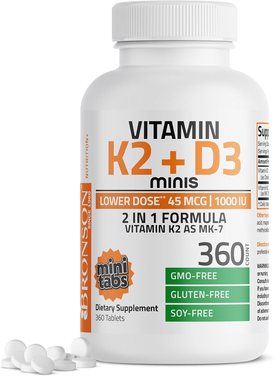 Bronson Vitamin K2 MK-7 45 mcg + D3 1000 IU (25 mcg), 360 Mini Tablets