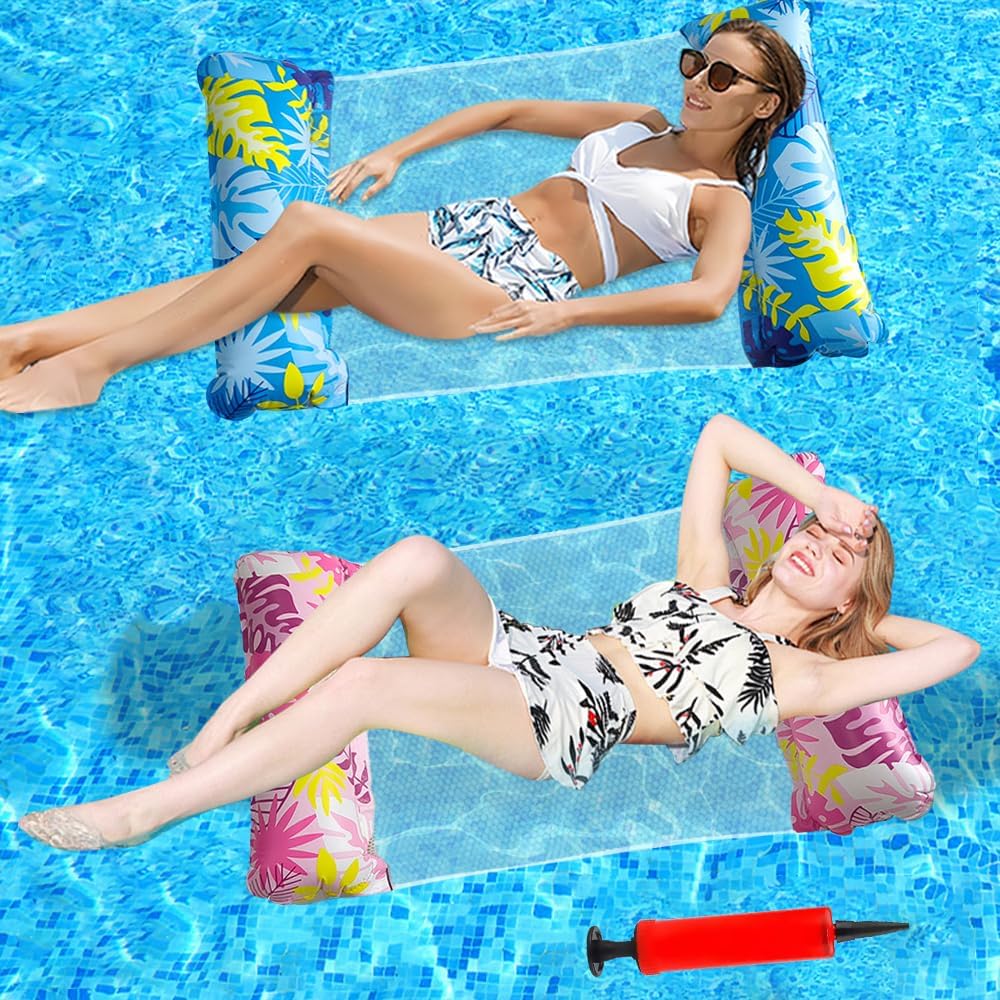 KBIBCK 2 Pack Inflatable Pool Floats Hammock, Inflatable Pool Lounger,PoolFloat Water Hammock with Manual Air Pump,4-in-1 Water HammockInflatable Floating Chair Bed Raft Recliner Float for Adult Kid
