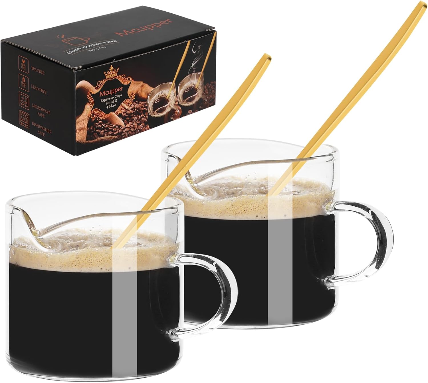 2 Pack Espresso Cups 4 OZ, Double Spouts Cups with Handle and 2 Stainless Steel Spoons, Espresso Shot Glasses, Milk Cup, Clear Glass for Espresso Machine