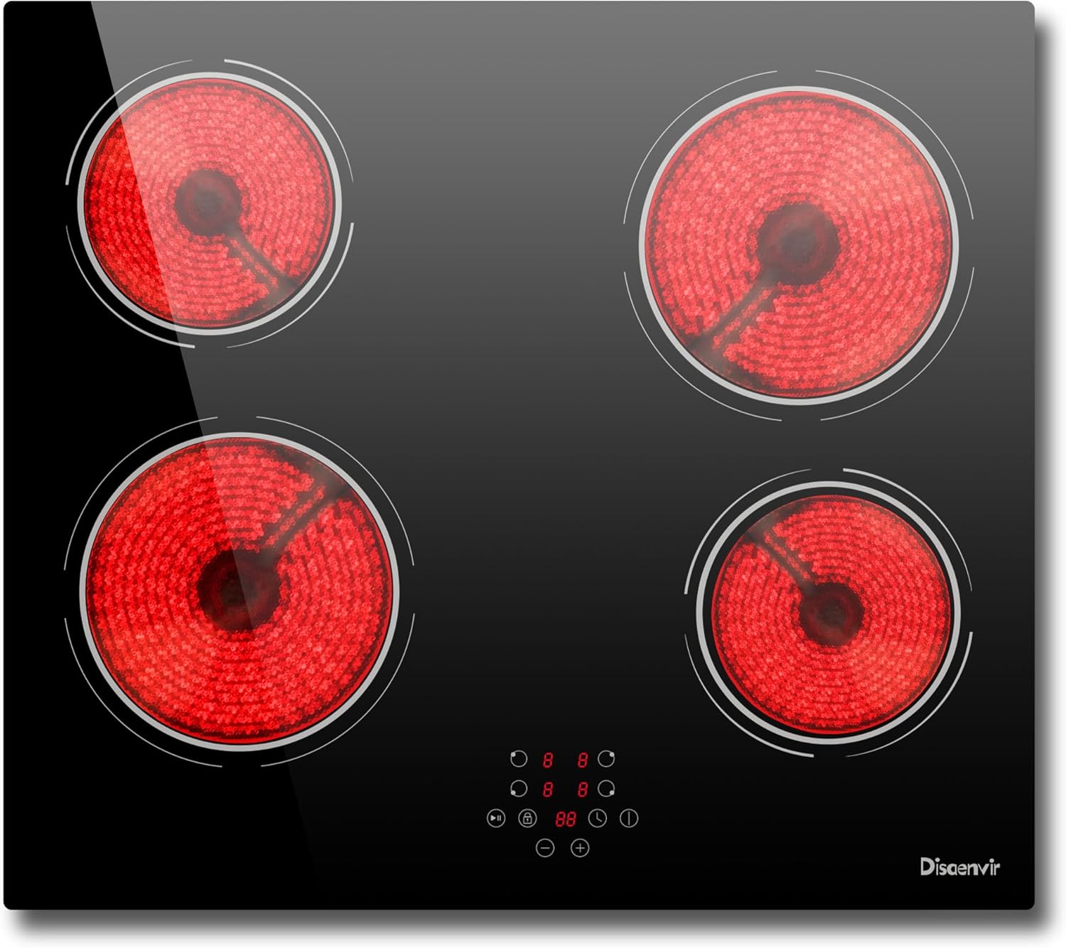 Disaenvir Ceramic Hob 4 Burners, Built in Electric Hob 6000W with Touch Control, 4 Zone Cooktop with Safety Lock & Timer Control, Pause, 220-240V, no Plug
