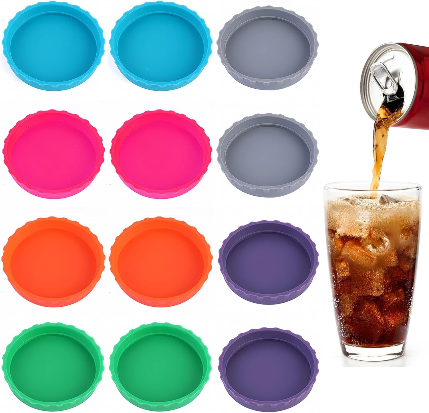 12 Pack Silicone Soda Can Lids, 6 Color BPA-Free Reusable Silicone Can Covers, Washable and Reusable, Can Stopper or Protector For Soda, Beer, Drink, Juice, Coke, Beverage, Fits Standard Cans
