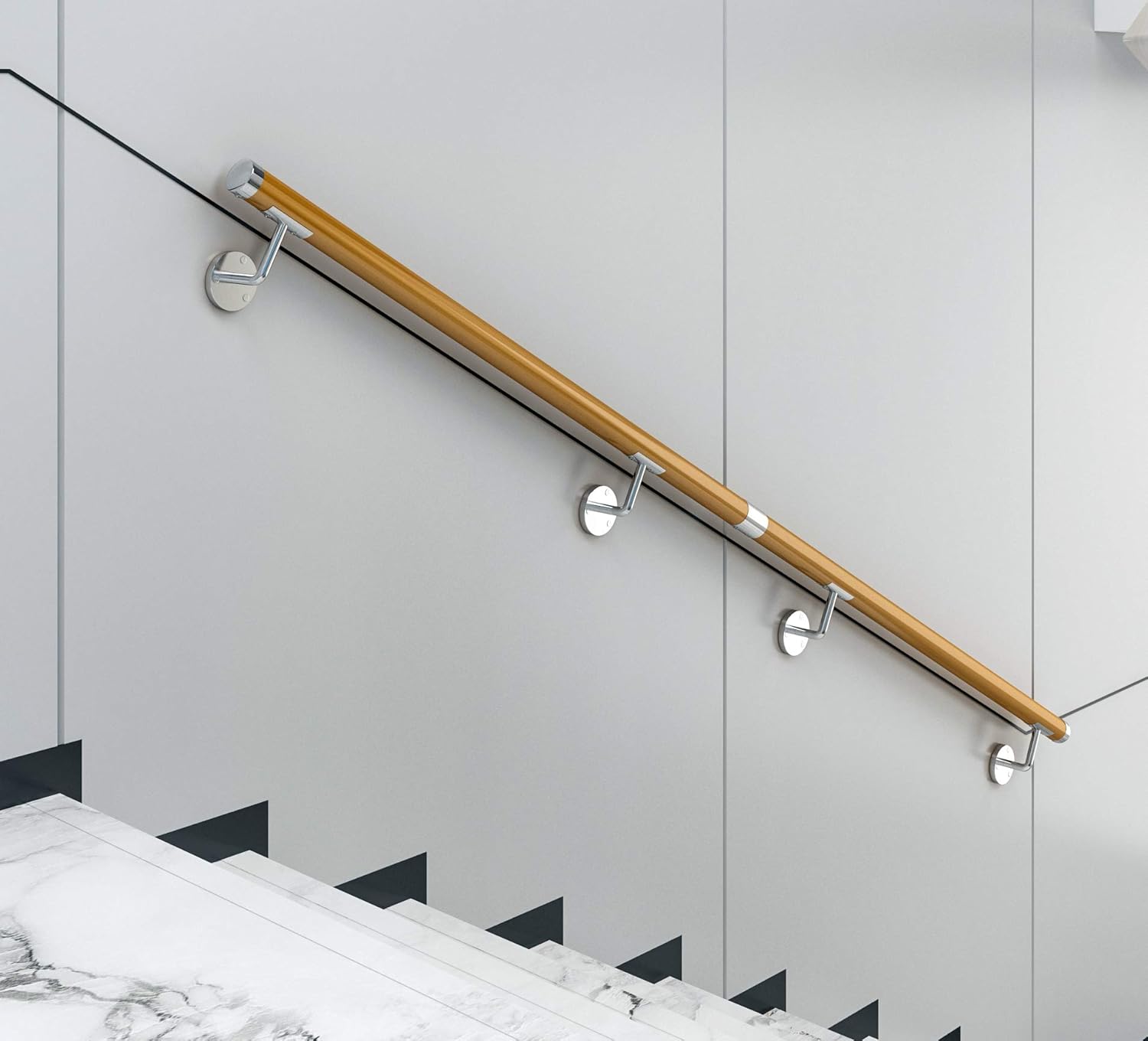 DIYHD 11FT Wooden Staircase Handrail for Indoor PVC Deck Handrails with 4 Brackets,Max Load 500lbs, Round Hand Rail Diameter 1-7/8in