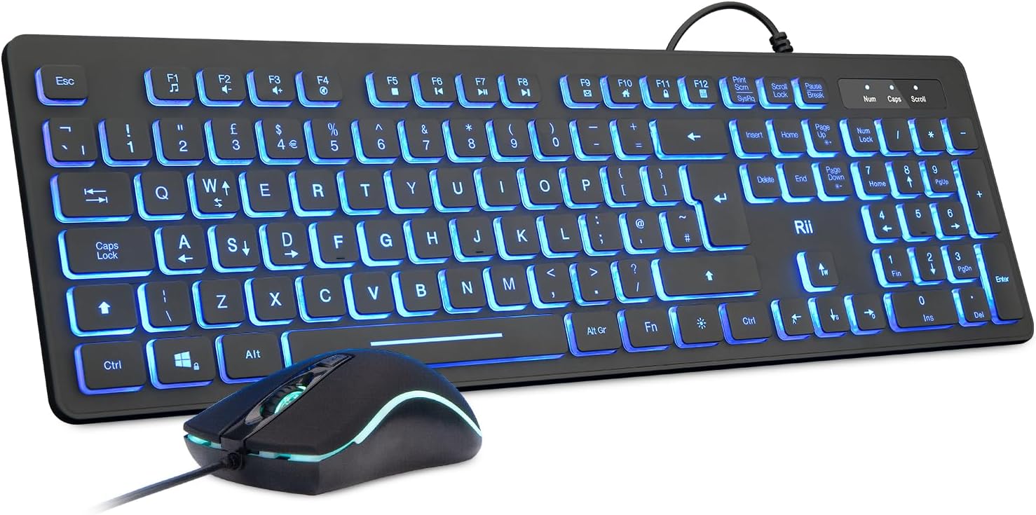 Rii Wired keyboard and mouse, RK105 USB Keyboard and Mouse with Backlit(White Green Blue) for Office Home Business-Full Size Standard UK Layout