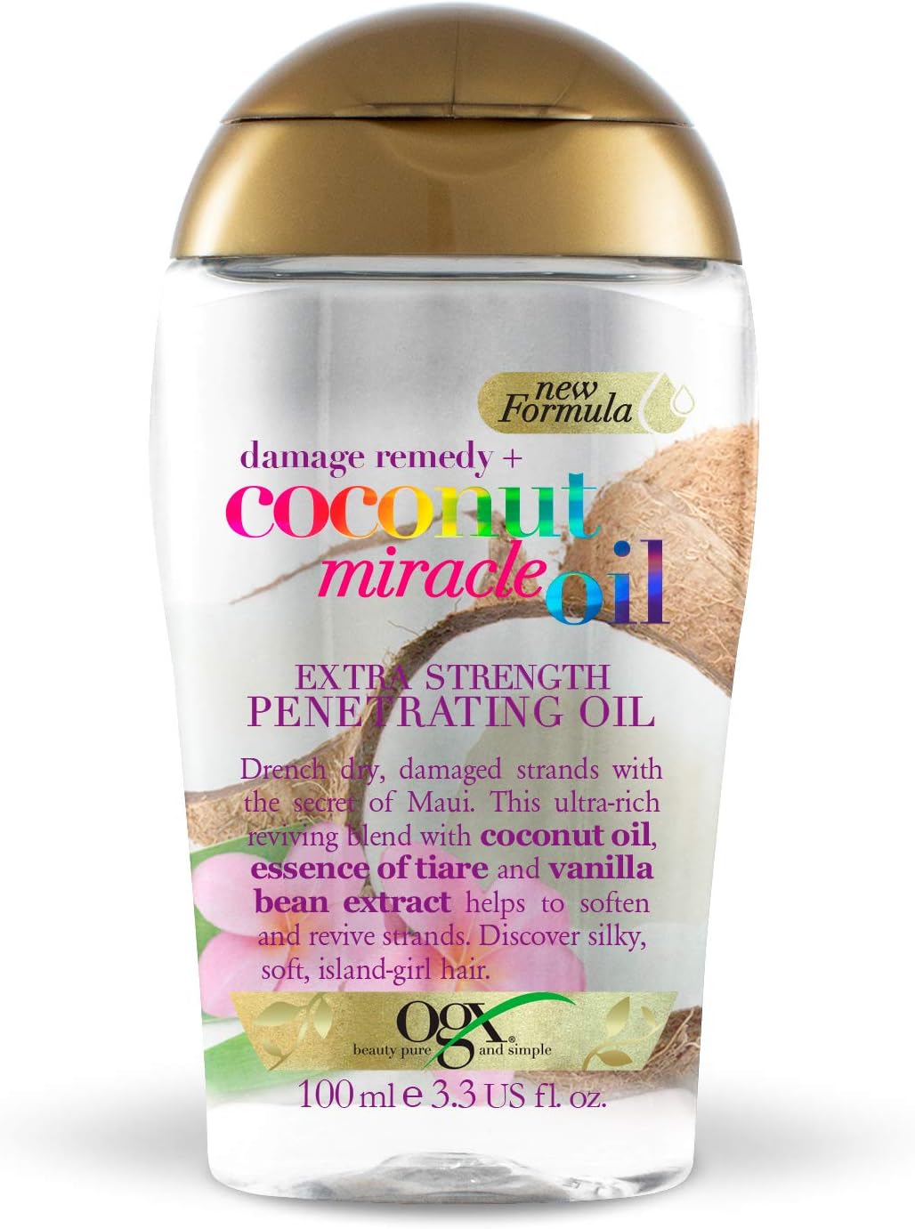 OGX Coconut Miracle Oil Extra Strength Penetrating Hair Oil for Dry, Damaged, and Frizzy Hair, Intense Hydration, Frizz Control, and Shine with Coconut Oil, Tiare, and Vanilla Bean Extracts, 100 ml