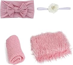 SPOKKI 4 Pcs Newborn Photography Props Outfits- Baby Long Ripple Wrap and Toddler Swaddle Blankets Photography Mat with Cute Headbands for Infant Boys Girls(0-12 Months) (Pink)