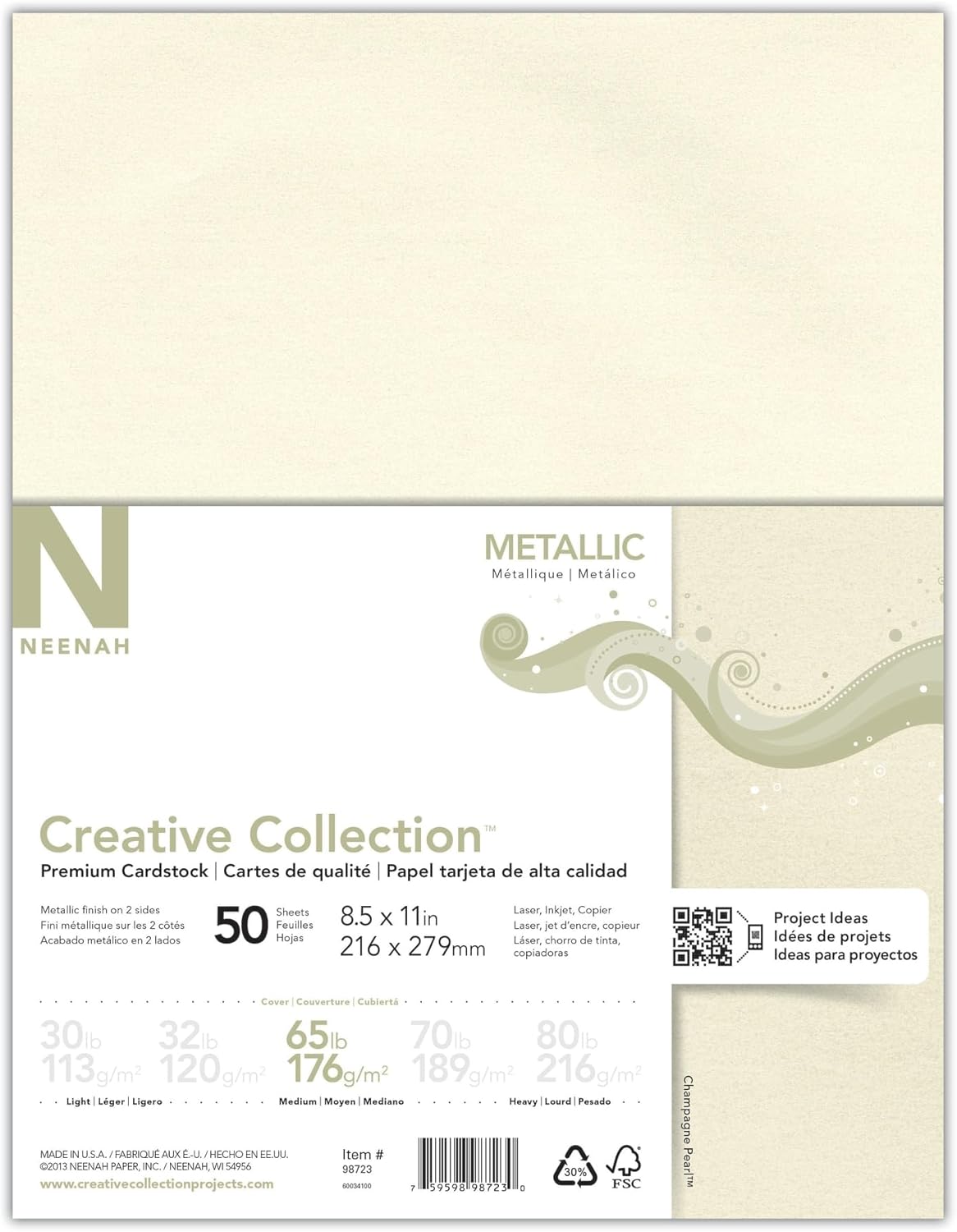 Neenah Metallics FSC Certified Paper, 8 1/2" x 11", Champagne Pearl, Pack of 50 Sheets