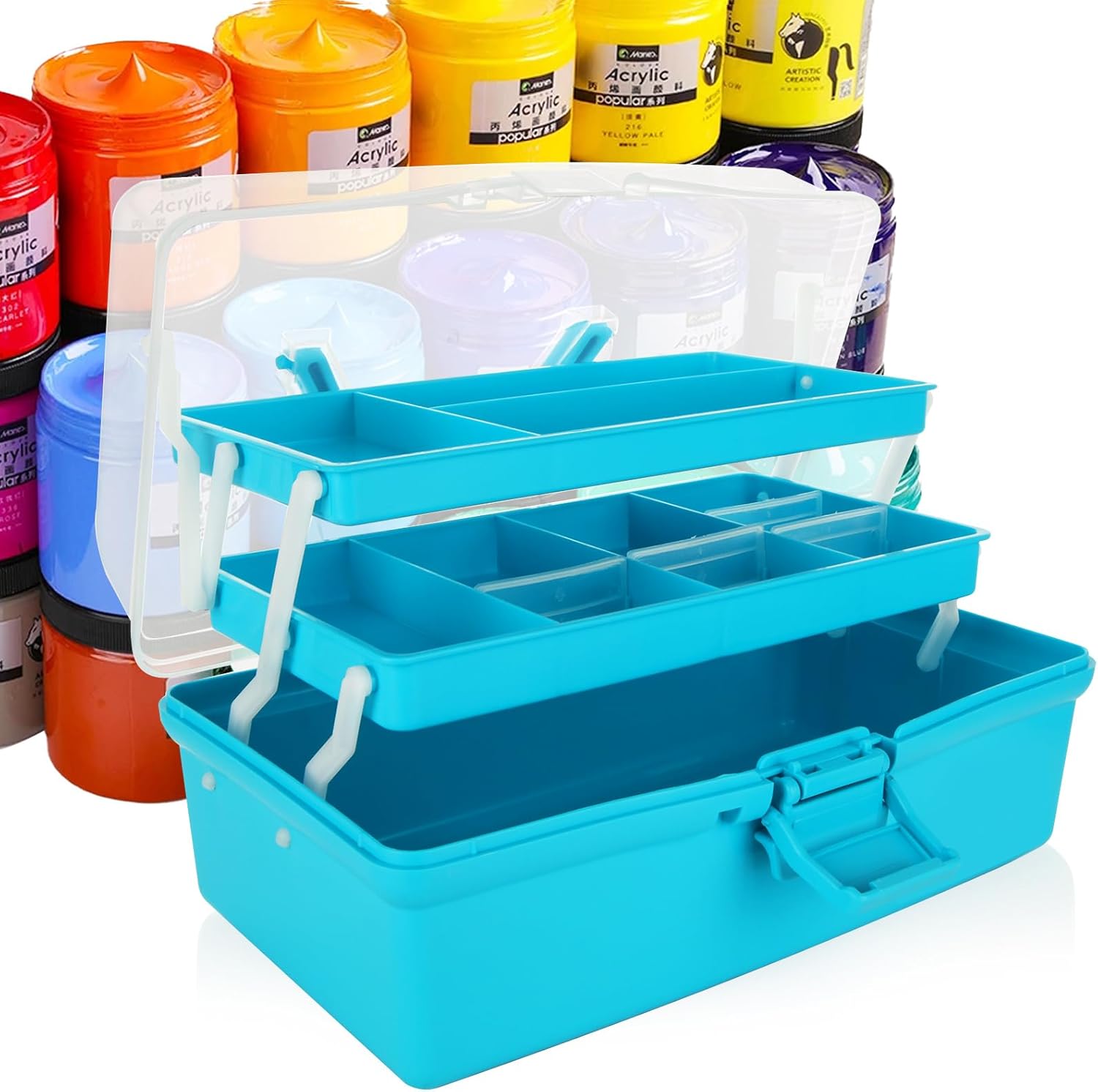 ASelected 3 Layer Craft Storage Box 3 Layers Plastic Cantilever Craft Box Medicine Organizer Tools Cosmetic Pens Sewing Box With 2 Trays For Medicine, Tools, Art Materials,Toy,Cosmetic (Blue)