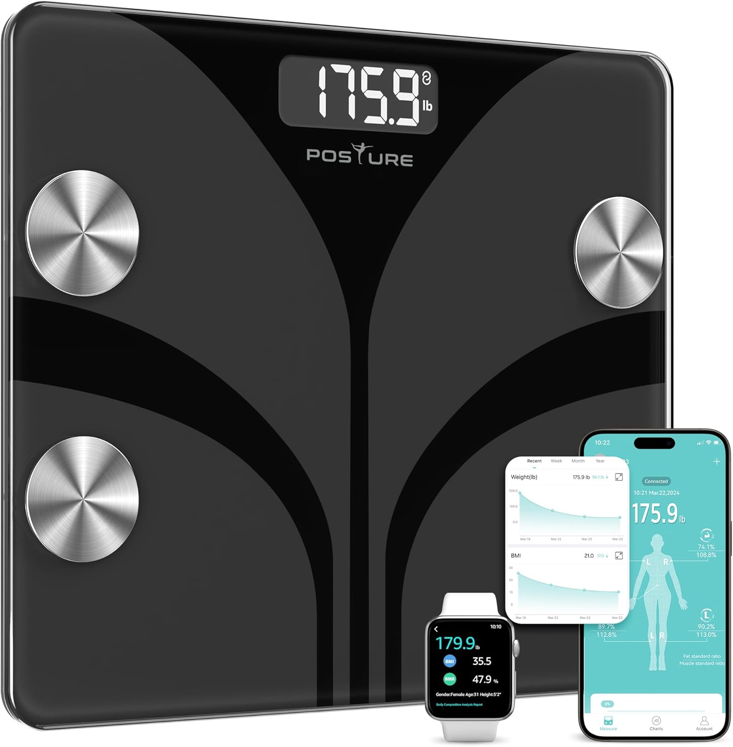 Posture Scale for Body Weight, Digital Bathroom Smart Scale LCD Display, 13 Body Composition Analyzer Sync Weight Scale BMI Health Monitor Sync Apps 400lbs - Black