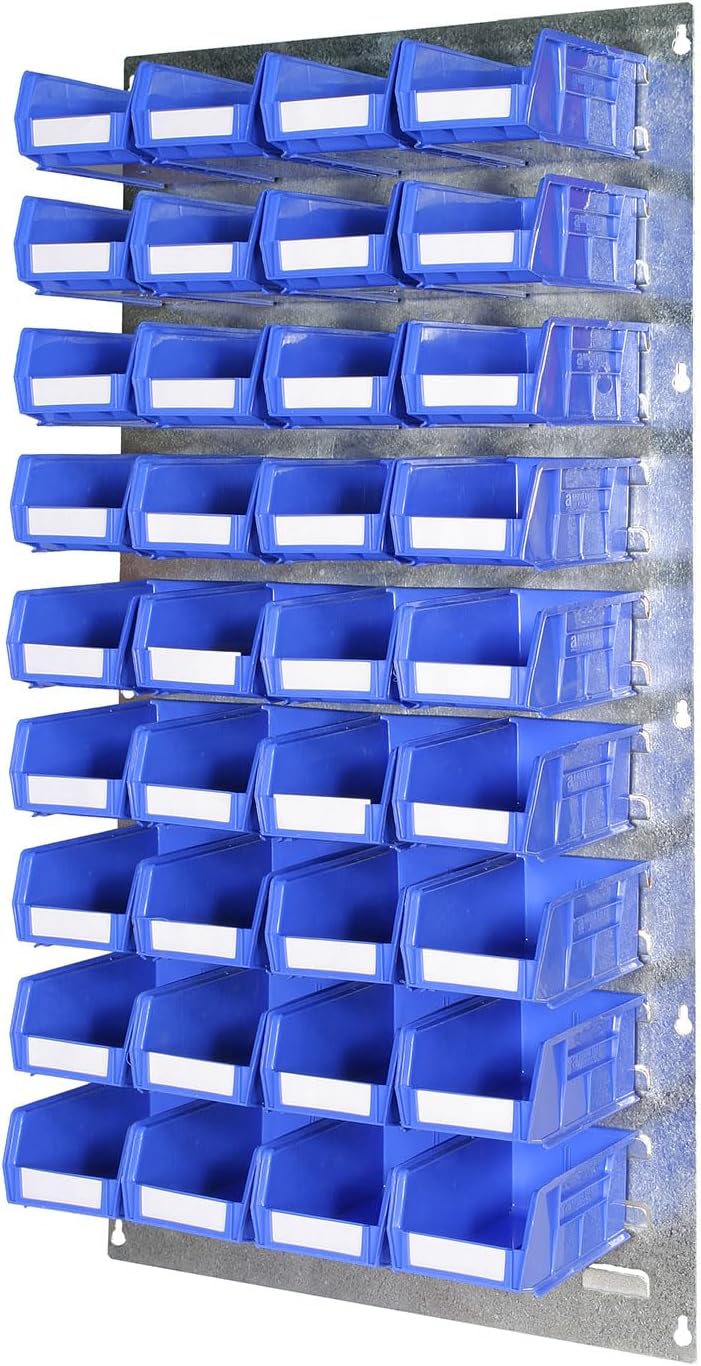 Bin Kit 13-457mm x 915mm Heavy Duty Wall Mounted Galvanised Steel Louvre Panel with 36 x Rhino Tuff Bin20 Plastic Parts Bins - Ideal Garage & Workshop Storage