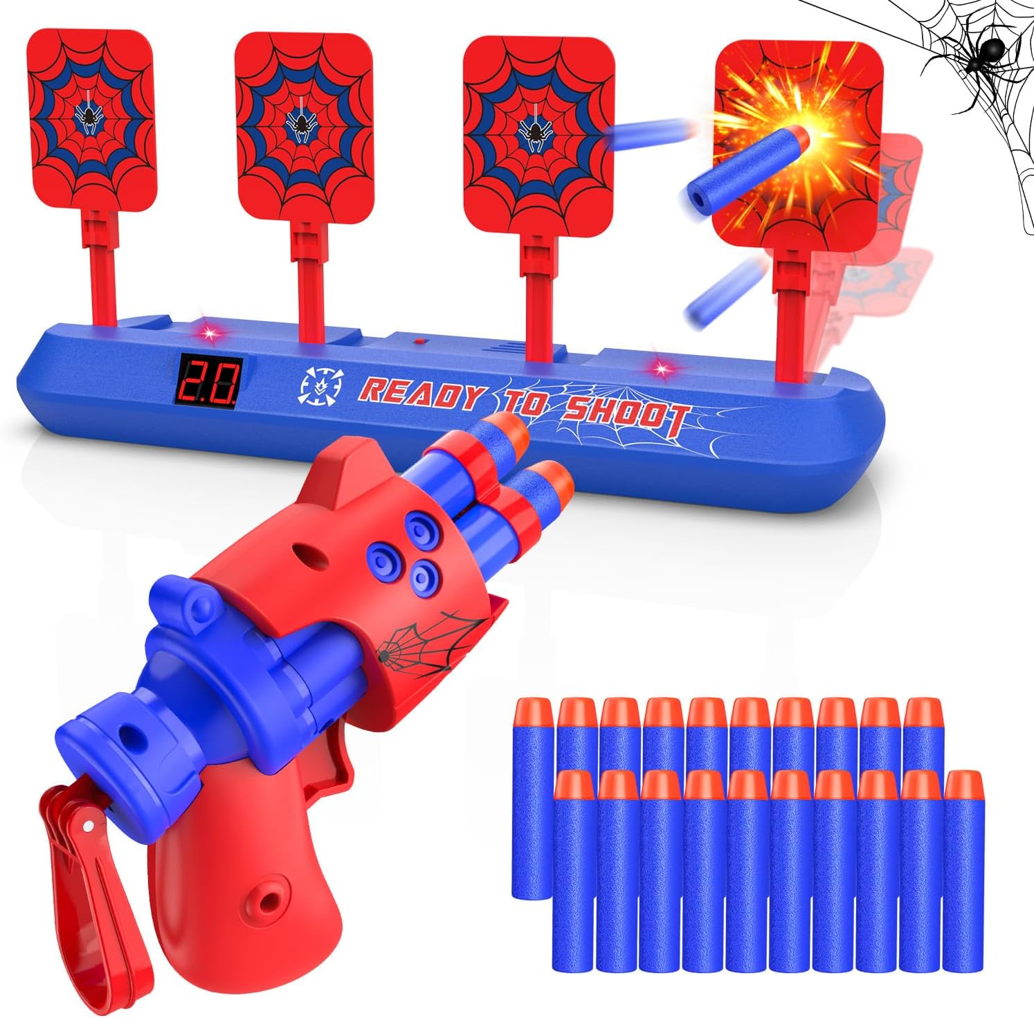 Spider Electronic Target with Toy Gun for Nerf, Kids Pistol Toy for Age 3 4 5 6 7 8 9 10 Year Old Boy Girl Children Foam Bullet Blaster Shooting Game Christmas Birthday Gift Present Stocking Filler