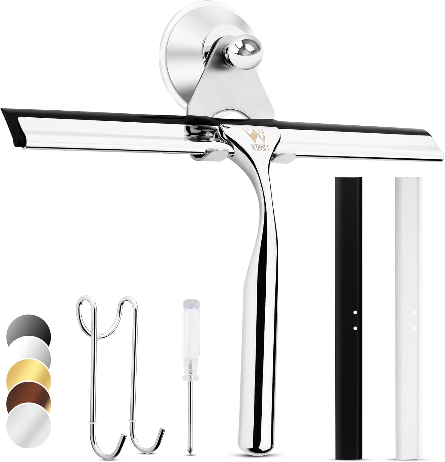 Wunset 25 cm Shower Squeegee, Large Silver Window Squeegee - 6 Pieces Set Including 2 Replacement Silicone Lips, Squeegee Shower Cleaner for Shower Doors and Various Smooth Surfaces (25 cm, Silver)