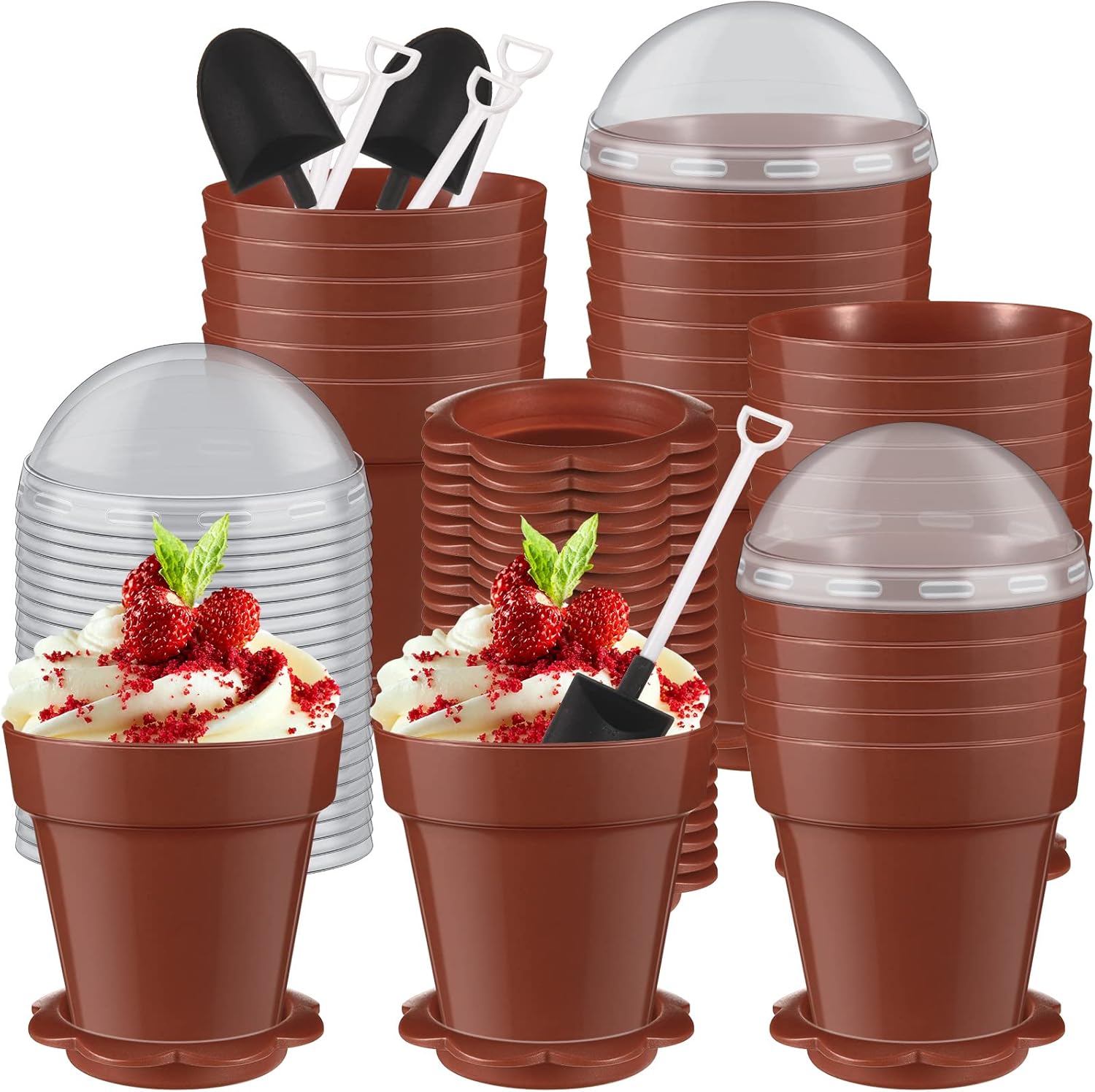 50 Pack Flowerpot Dessert Cup Plastic Cake Cups with Lid Shovel Spoon Bottom Tray Small Flower Pot Cups Dessert Ice Cream Yogurt Containers Holder for Ice Cream DIY(Brown)