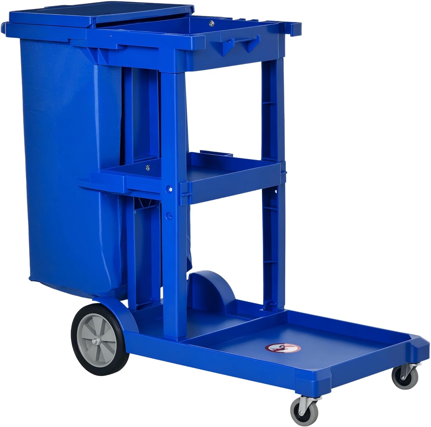 HOMCOM Cleaning Carts On Wheels, Janitorial Trolley with 3 Tier Shelves, Housekeeping Utility Service Unit with Rubbish Bag and Mop Mount for Hotel, Office, Blue