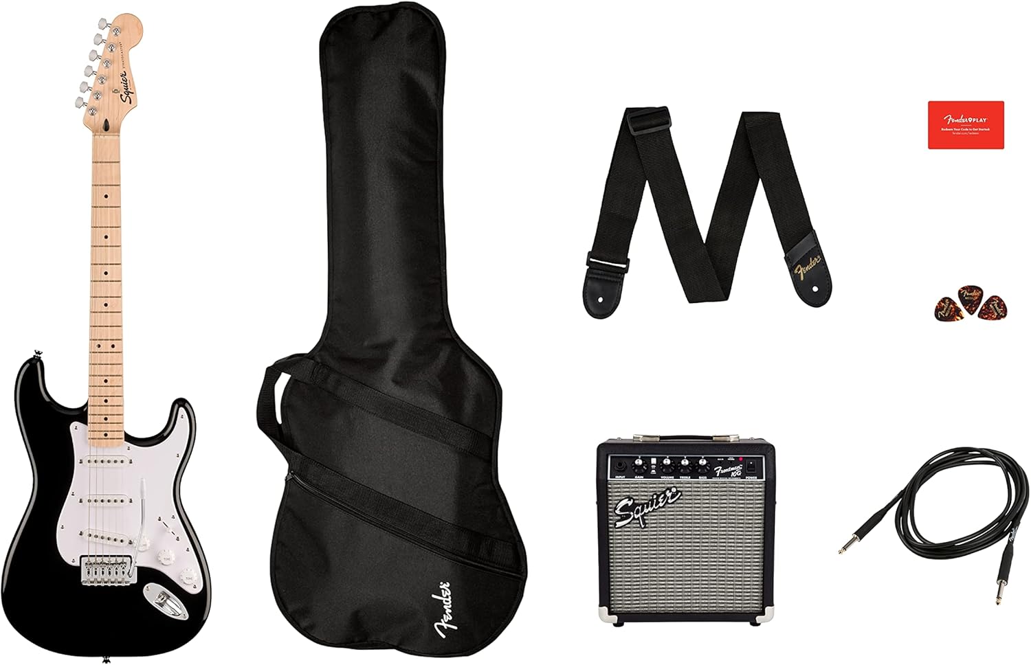 Squier by Fender Sonic Stratocaster Electric Guitar Pack, Maple Fingerboard in Black, Gig Bag, Squier Frontman 10W Amp, Picks, Strap, Cable, Comes with Free Virtual Lessons