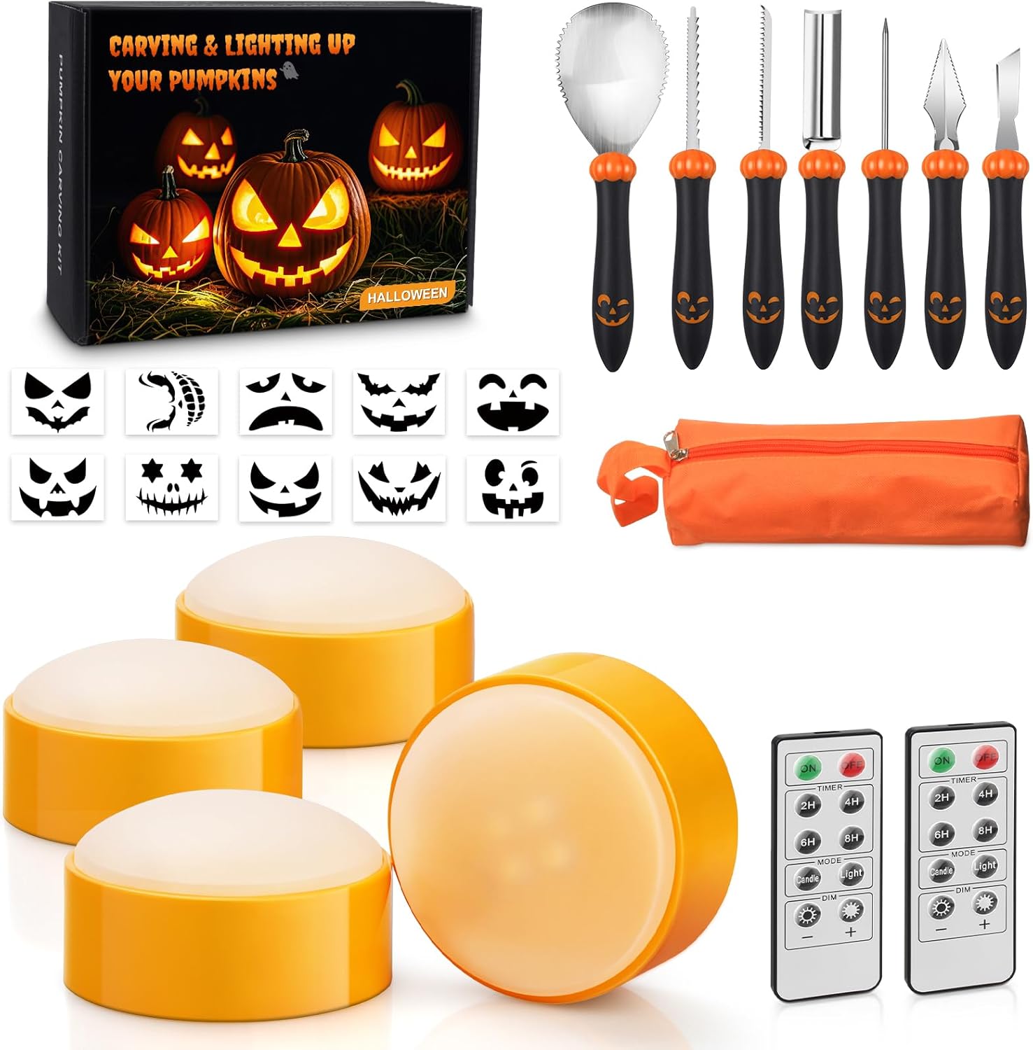 Luditek 4-Pack Halloween LED Pumpkin Lights for Inside Pumpkin w/Remote Timer, Battery Operated Flameless Candles Light with 7 PCS Carving Kit Tools and 10 Stencils, Orange Jack-O-Lantern Decorations