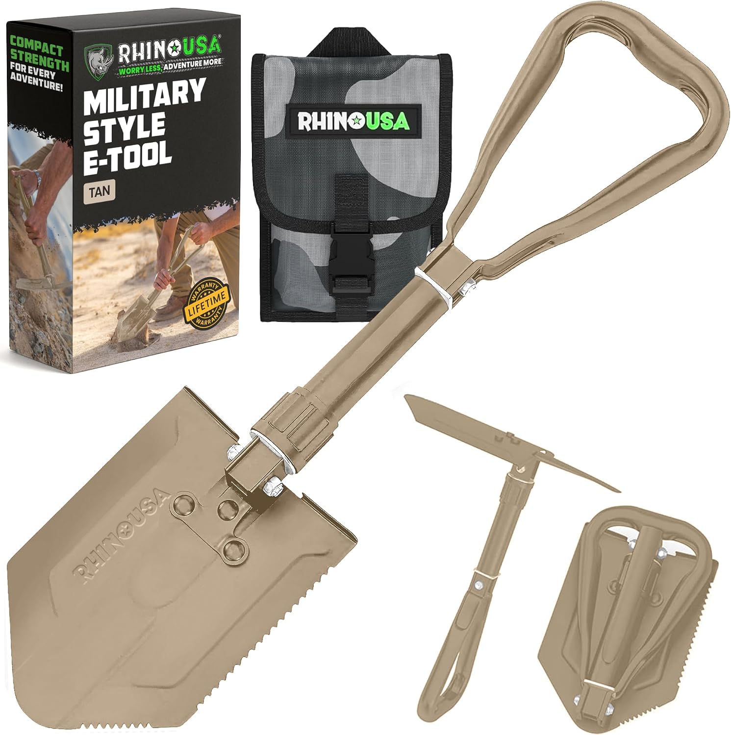 Rhino USA Folding Survival Shovel with Pick - Military Entrenching Tool