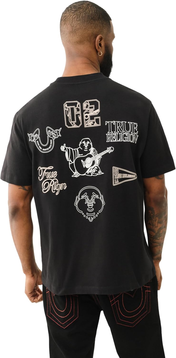 True Religion Men's Short Sleeve Multi Logo Tee - Casual Graphic Crew Neck T-Shirt