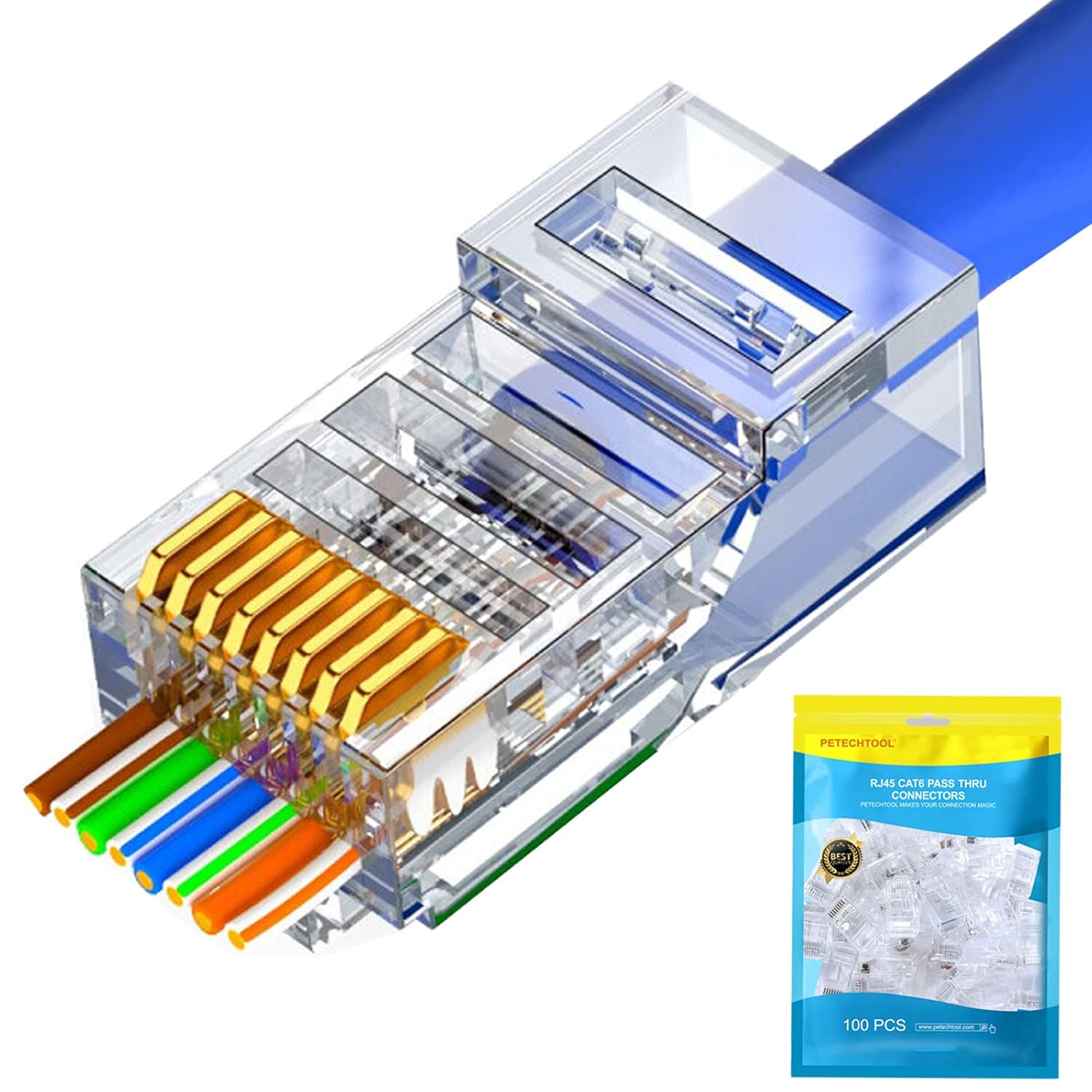PETECHTOOL RJ45 Cat6 Cat5 Connectors Ends Gold Plated 8P8C Ethernet Pass Through Plug (100Pack)
